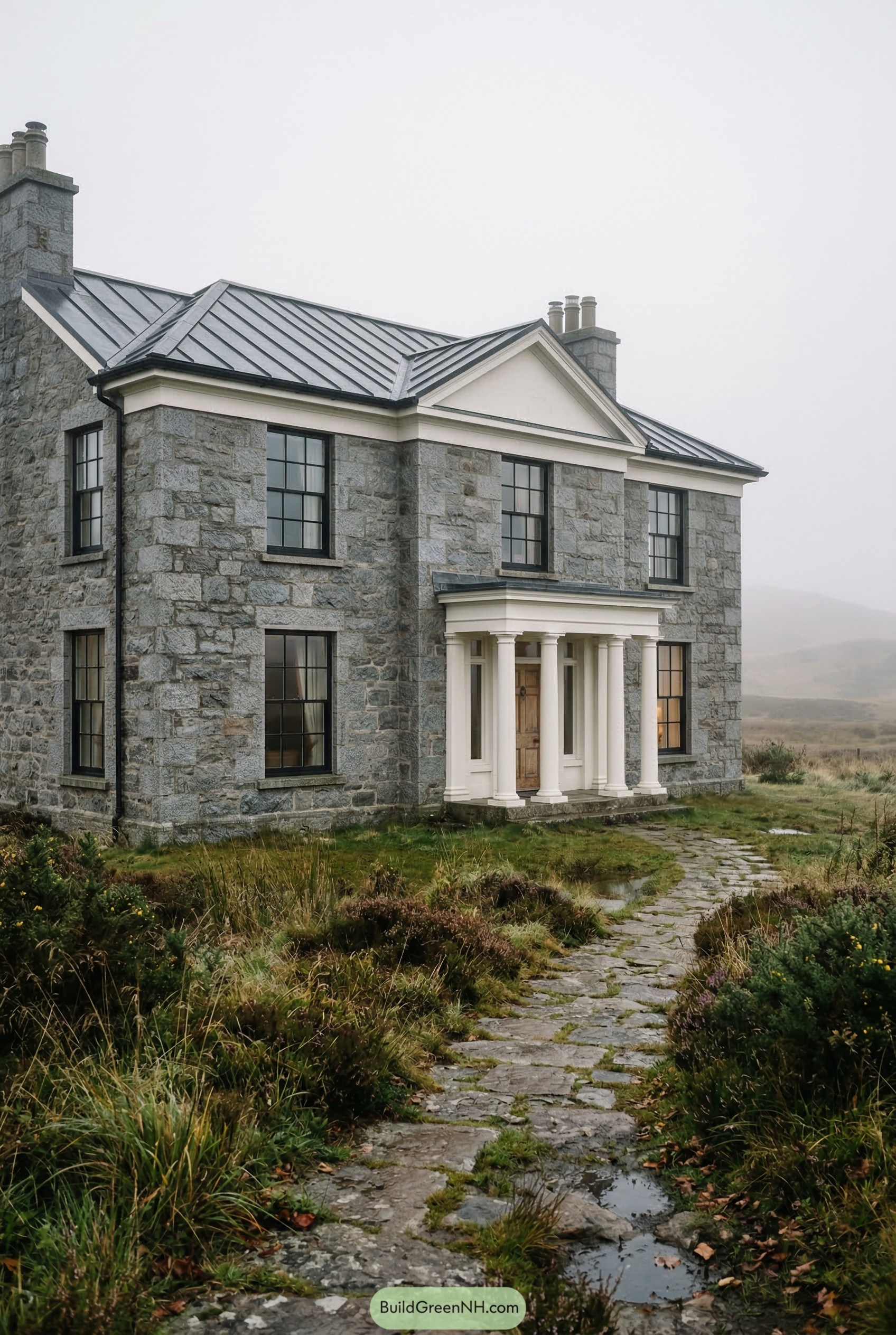 Stone neoclassical house with white columned portico