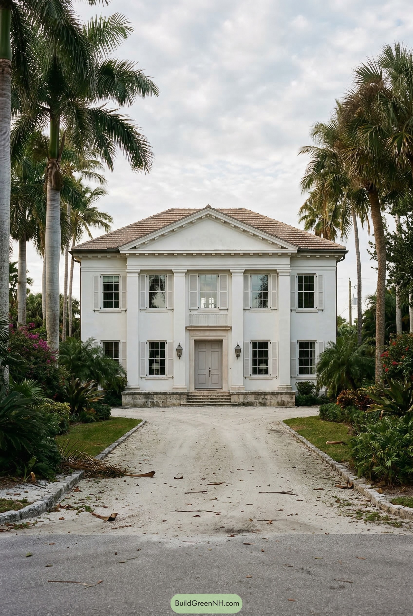 White neoclassical house with pediment and palms