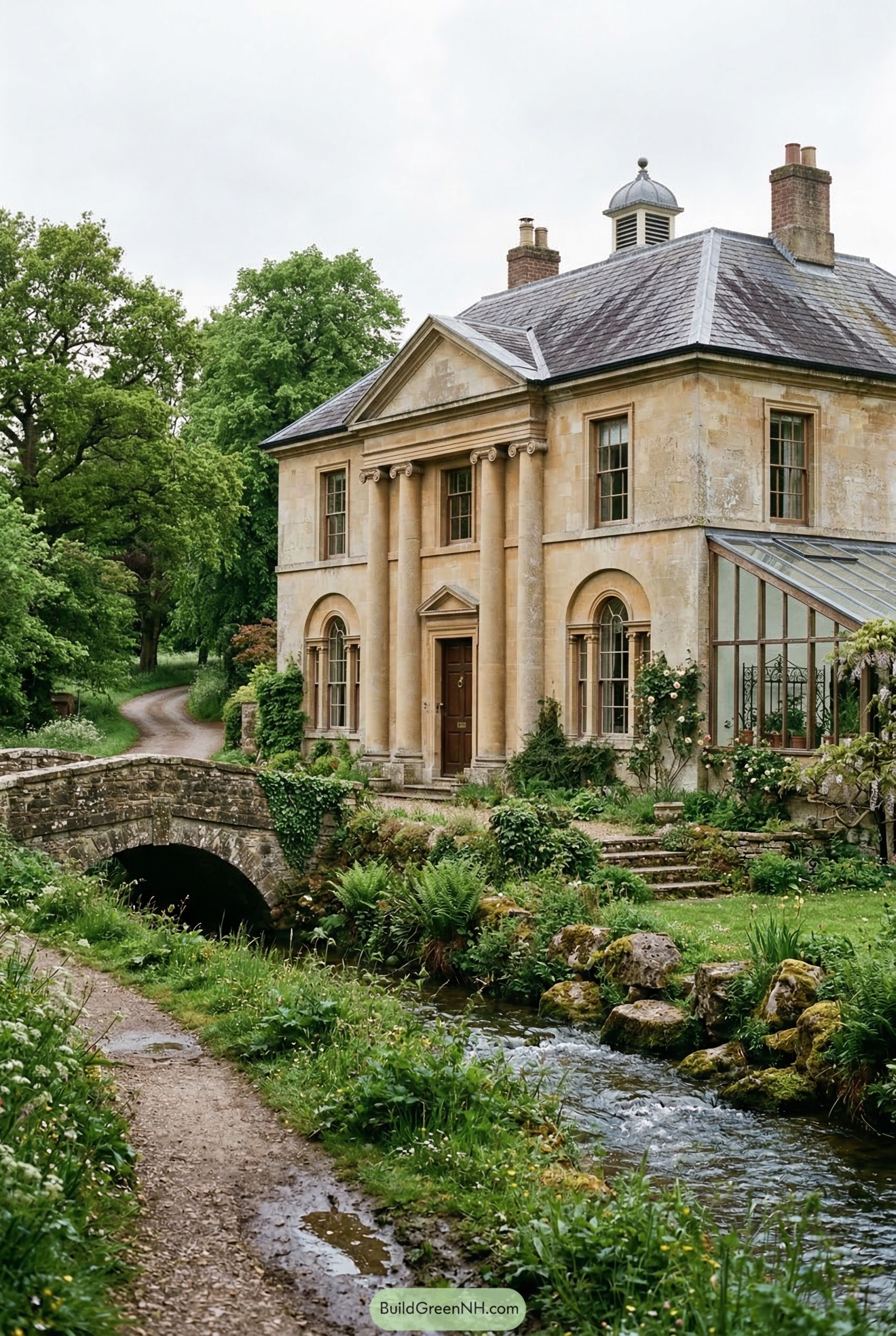 Neoclassical stone house beside a stream and bridge