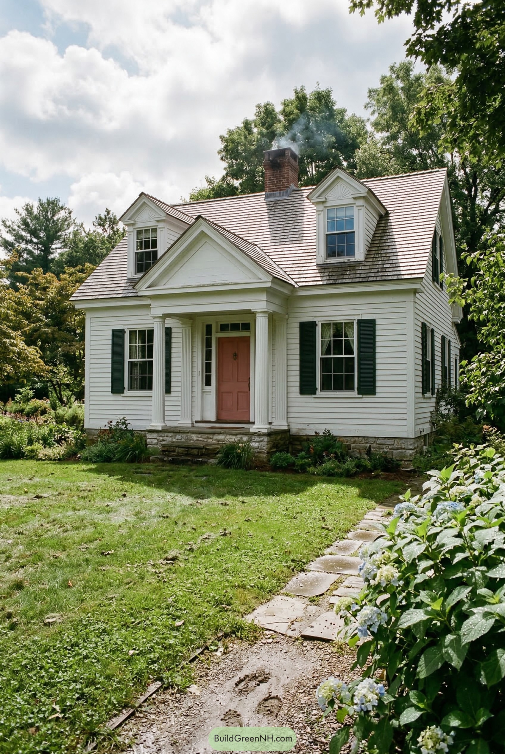 White clapboard cottage with columned porch