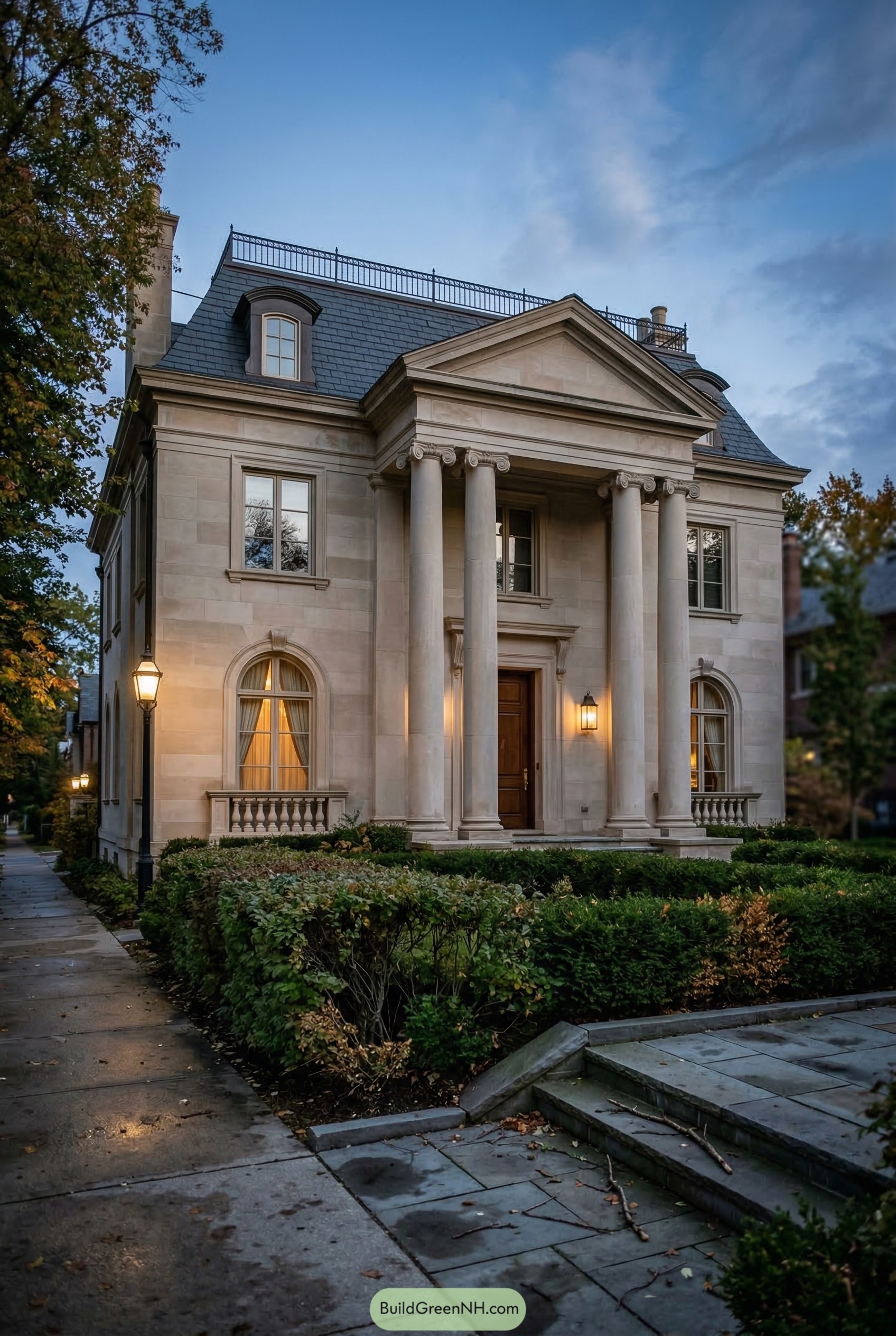 Neoclassical limestone house with four-column portico