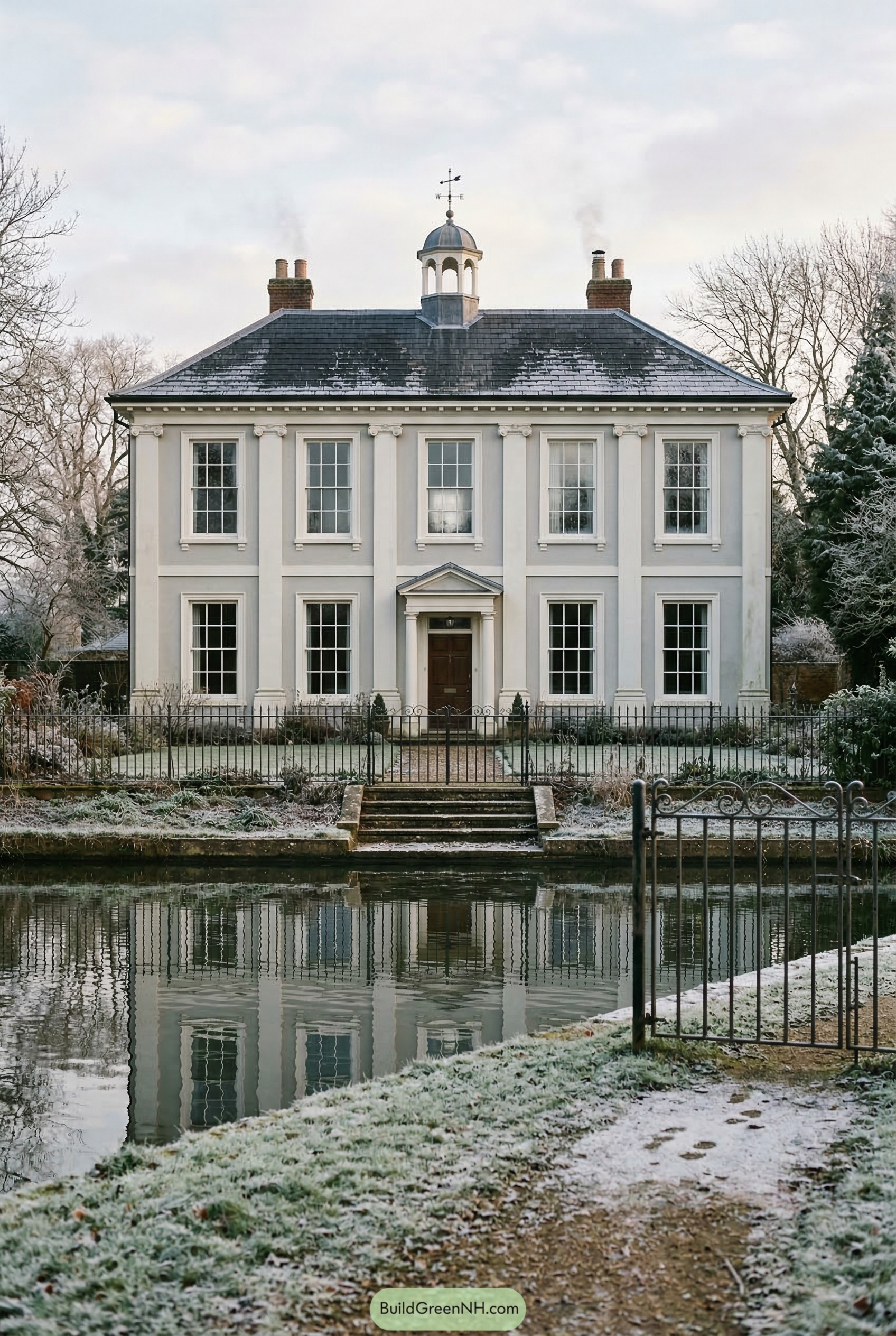 White neoclassical house with cupola by canal