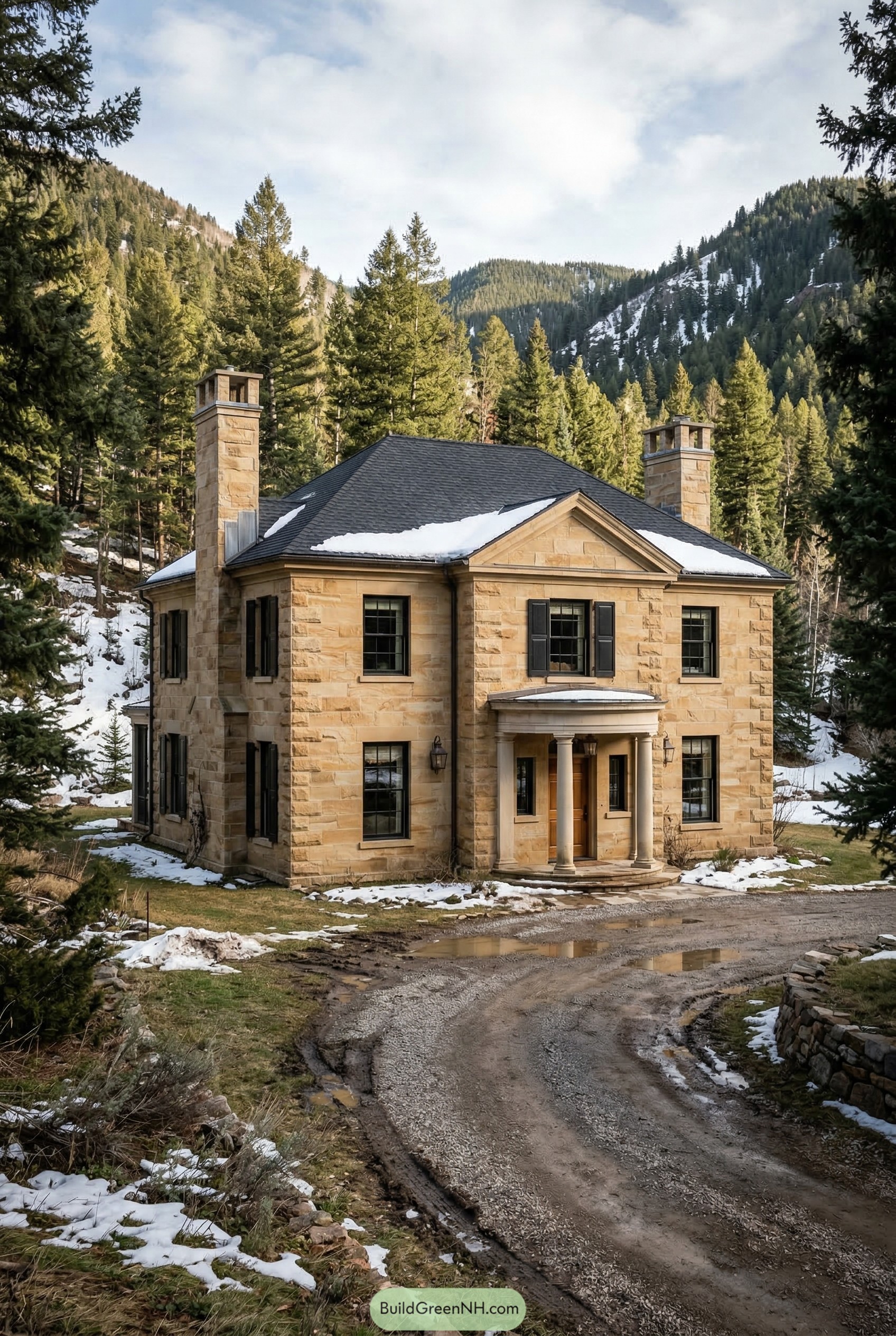 Stone neoclassical house in snowy pines