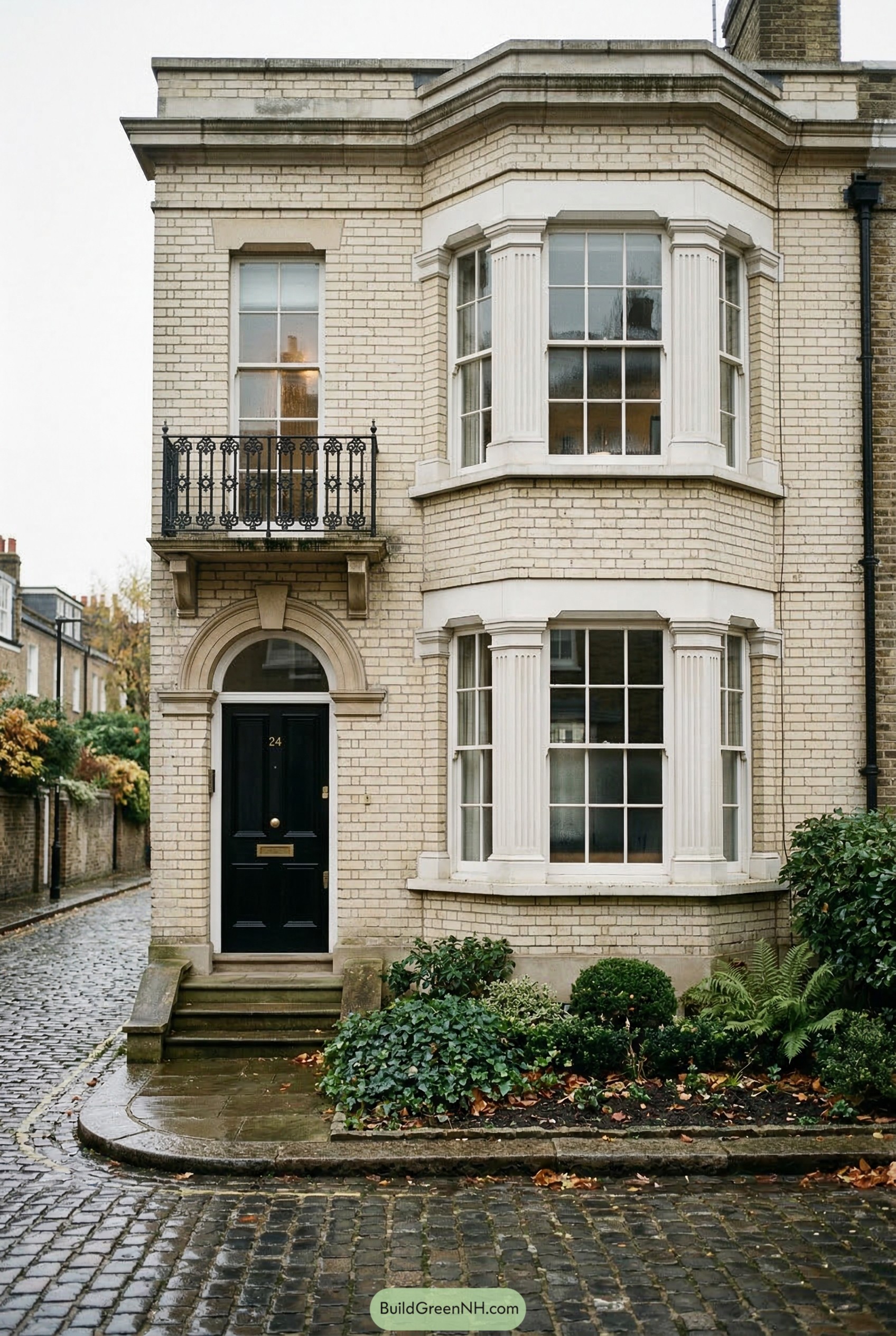 Cream brick corner townhouse with bay windows and iron balcony