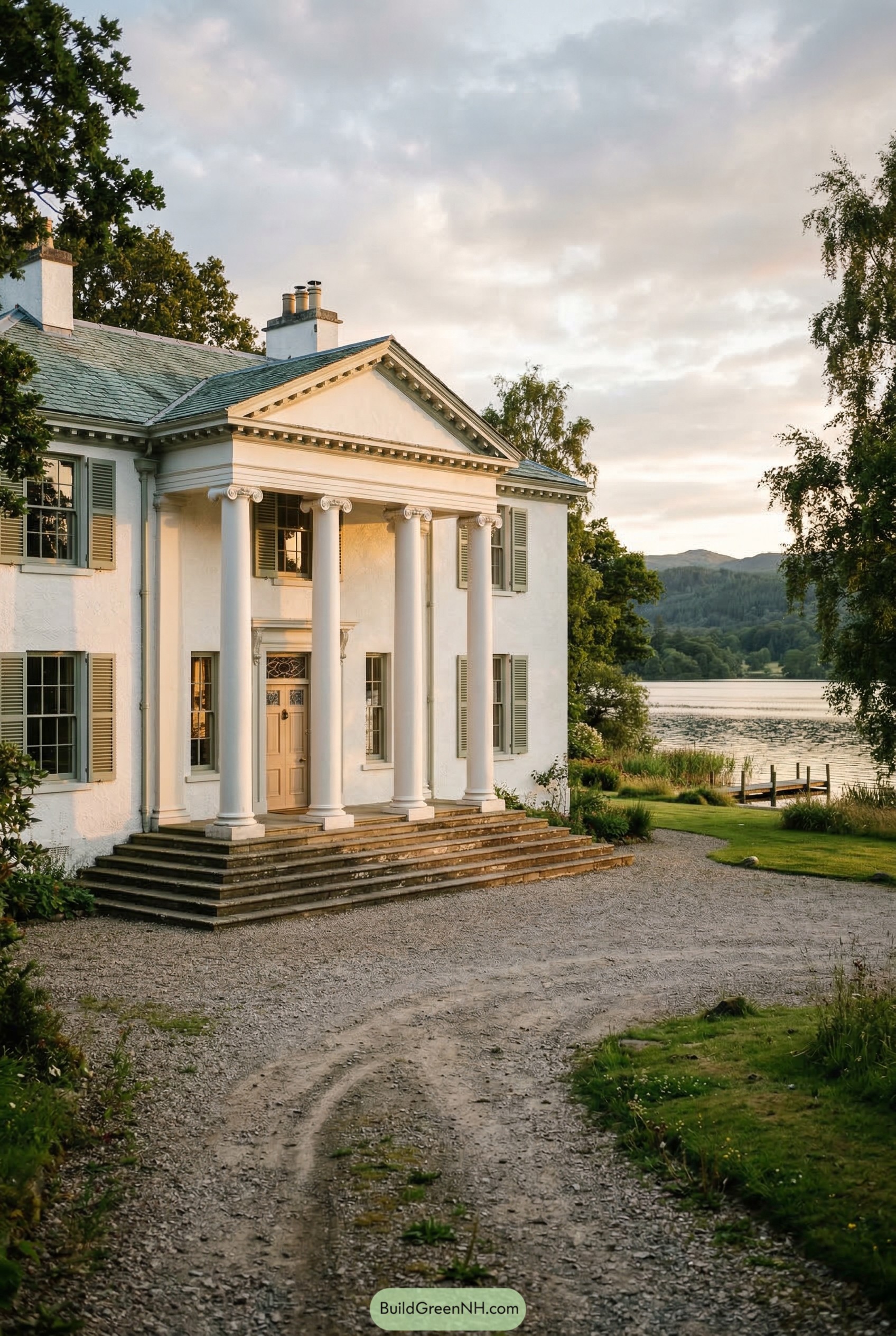 White lakeside house with four column portico