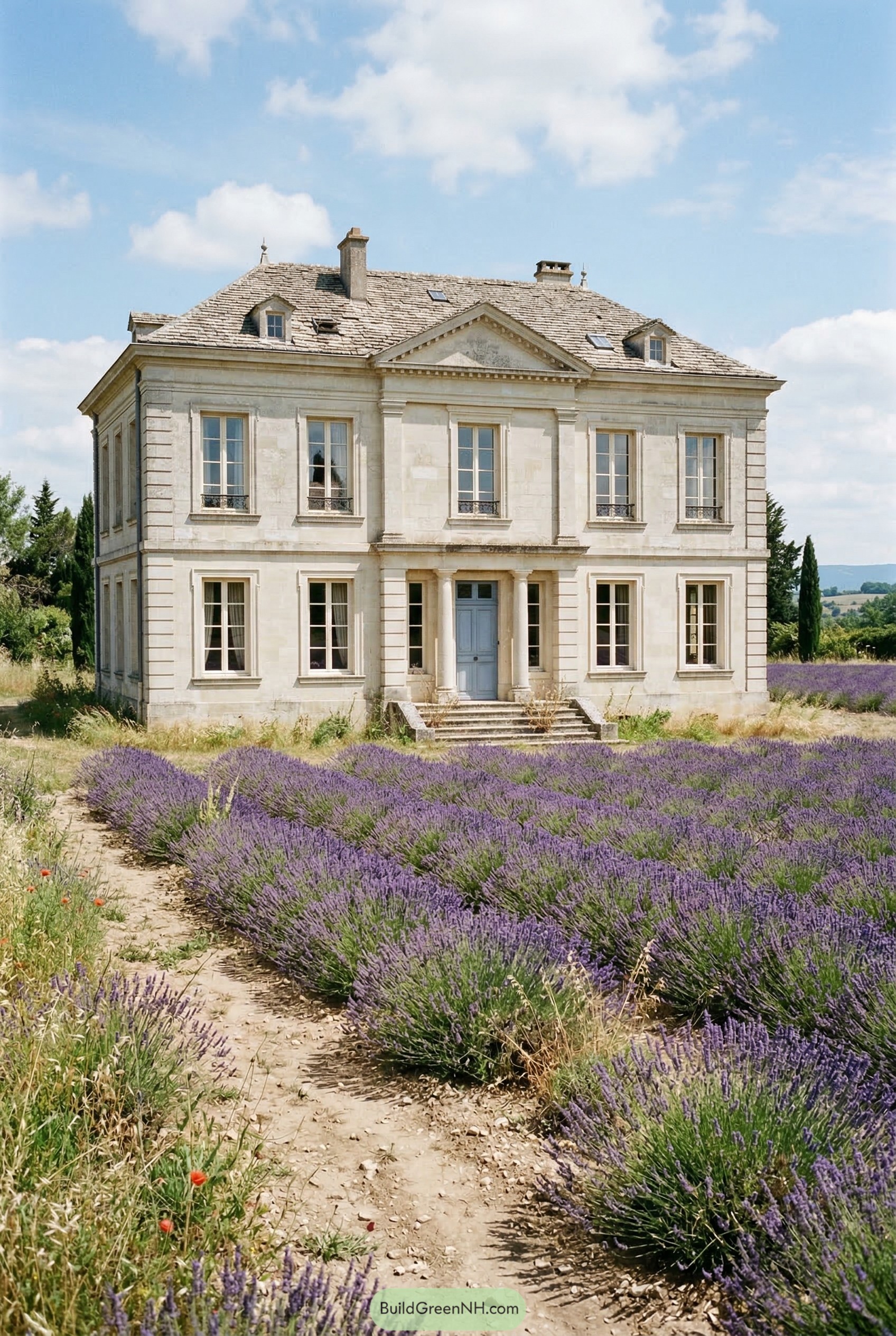 Neoclassical limestone house by lavender rows