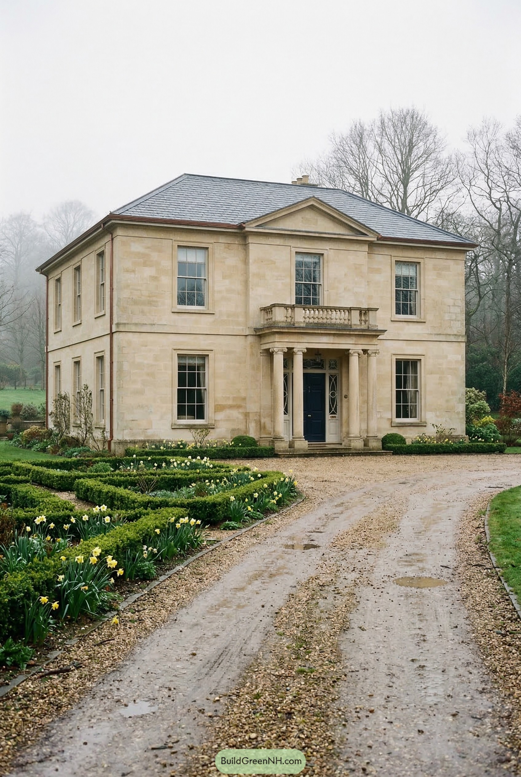 Two story stone neoclassical house with columned entry