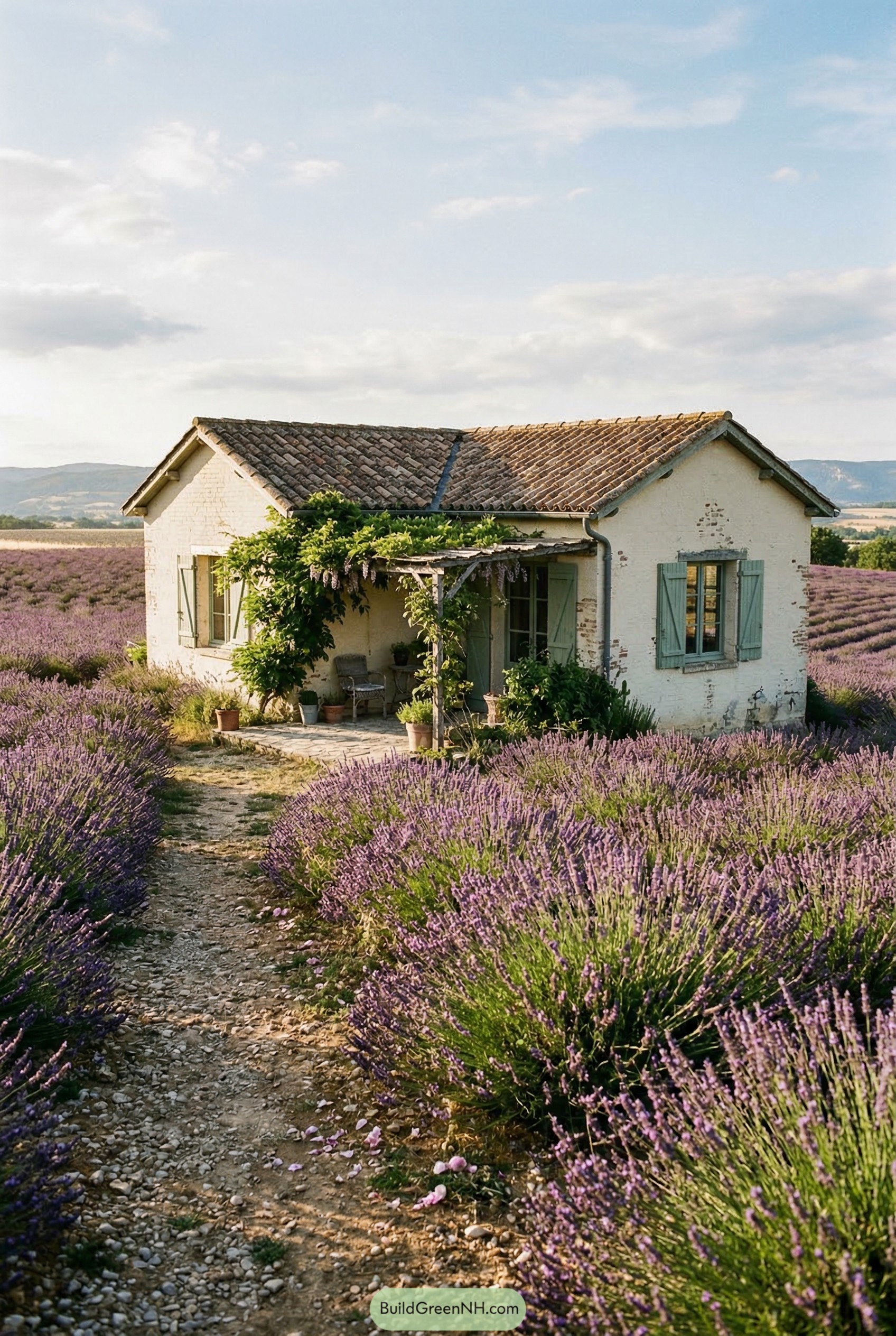 Rustic white cottage surrounded by lavender fields