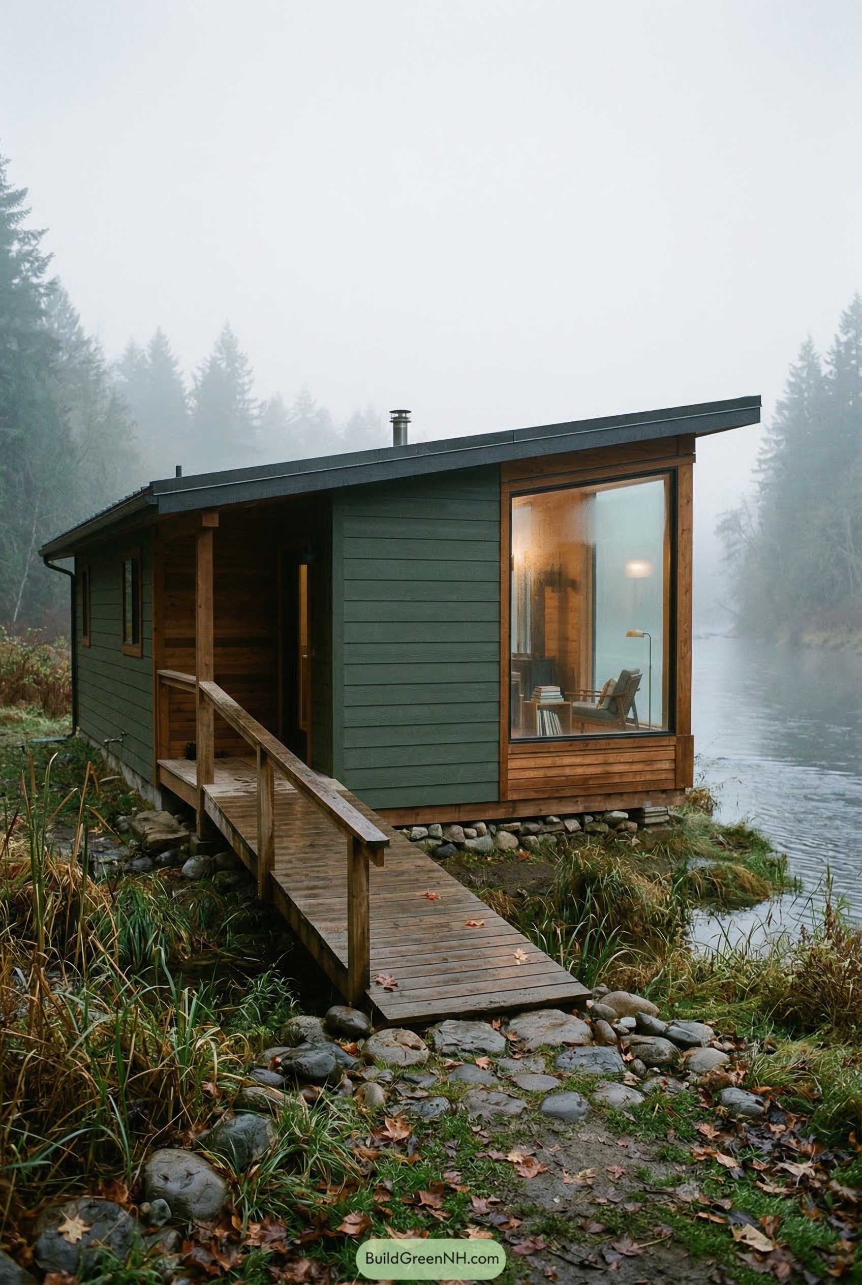 Compact riverside cabin with sloped roof and large picture window