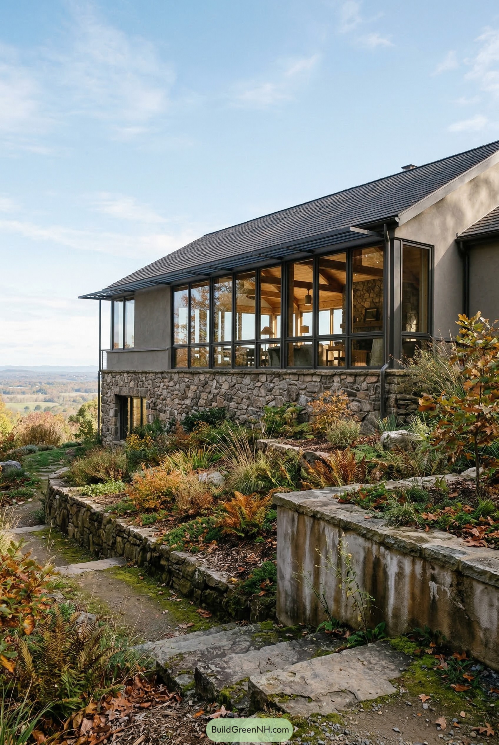 One story hillside house with stone base and glass sunroom