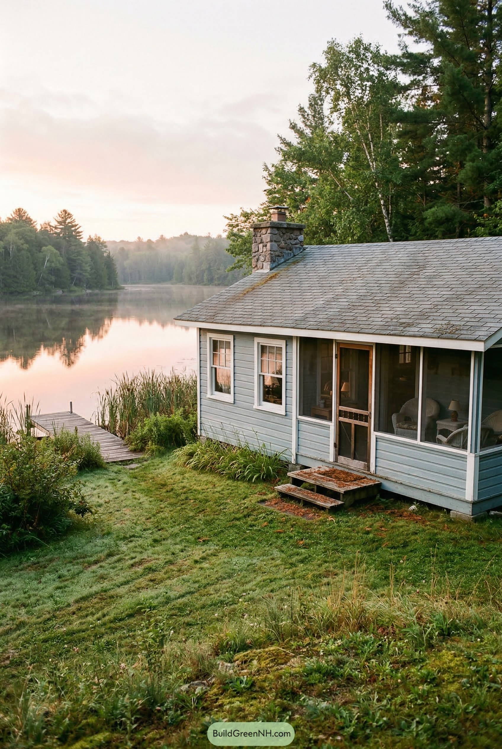 Blue lakeside cottage with screened porch and dock