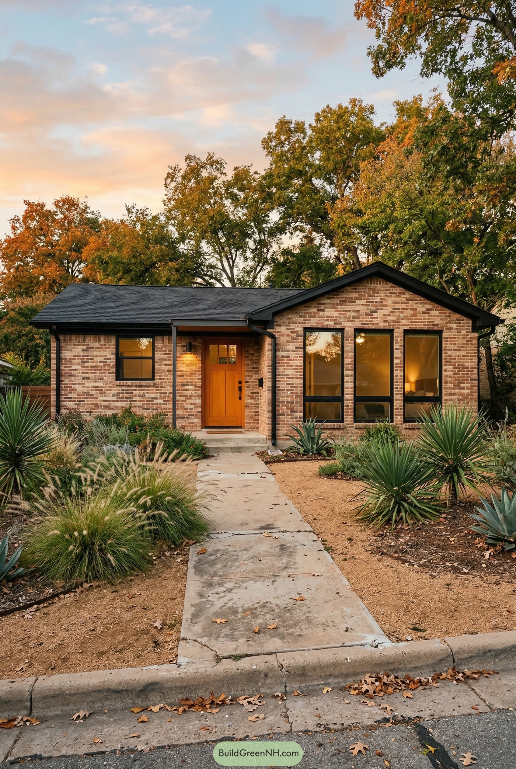 Single story brick bungalow with black trim and desert planting
