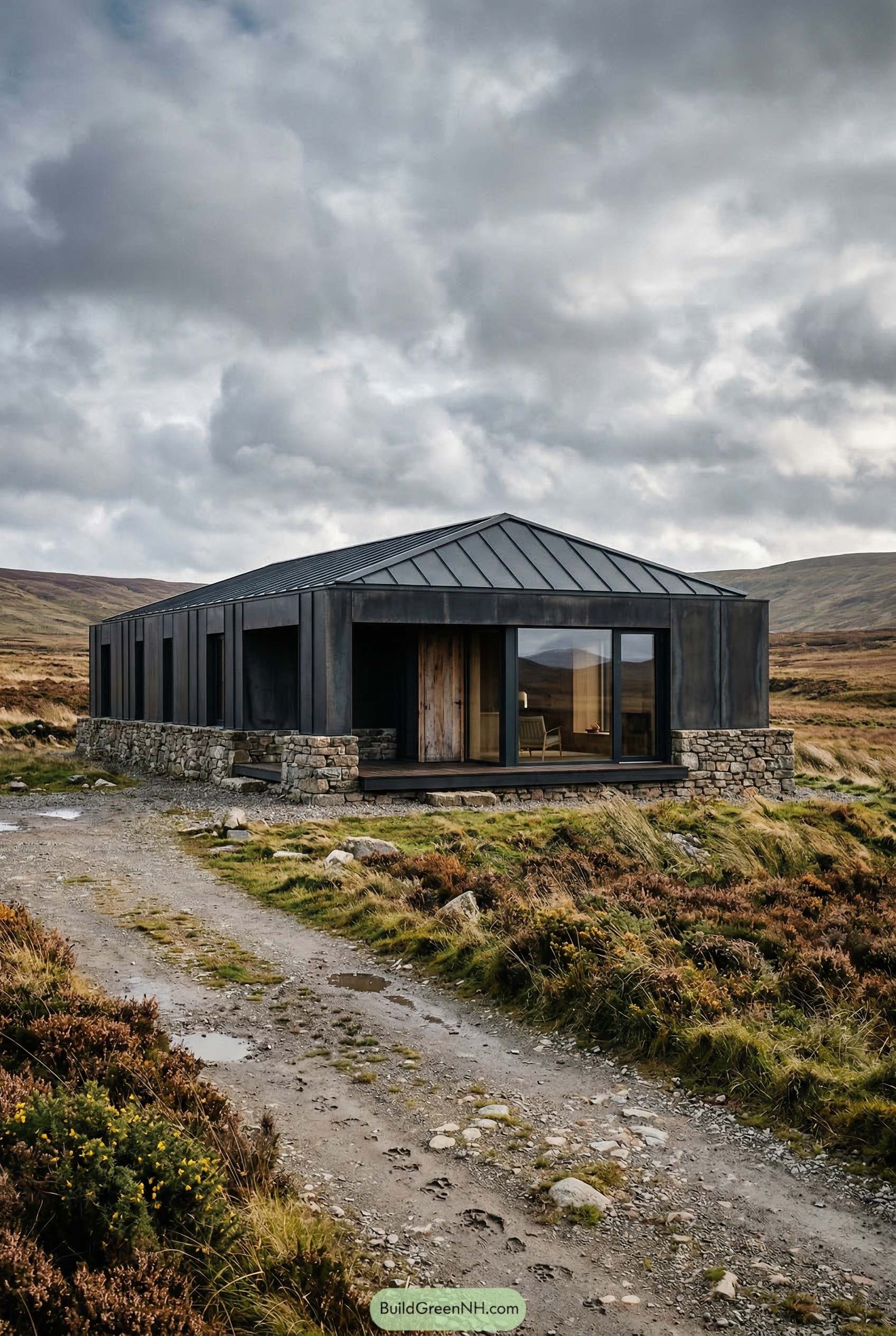 Dark metal clad single story home on stone base in open moorland