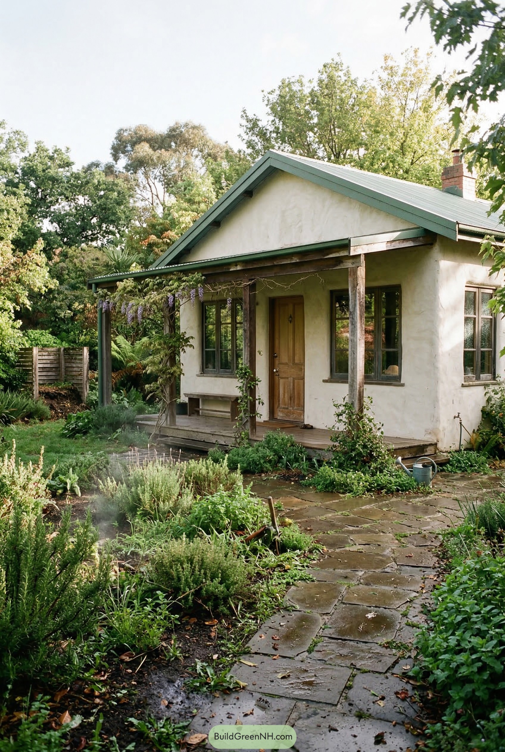 Small white plaster cottage with green roof and garden path