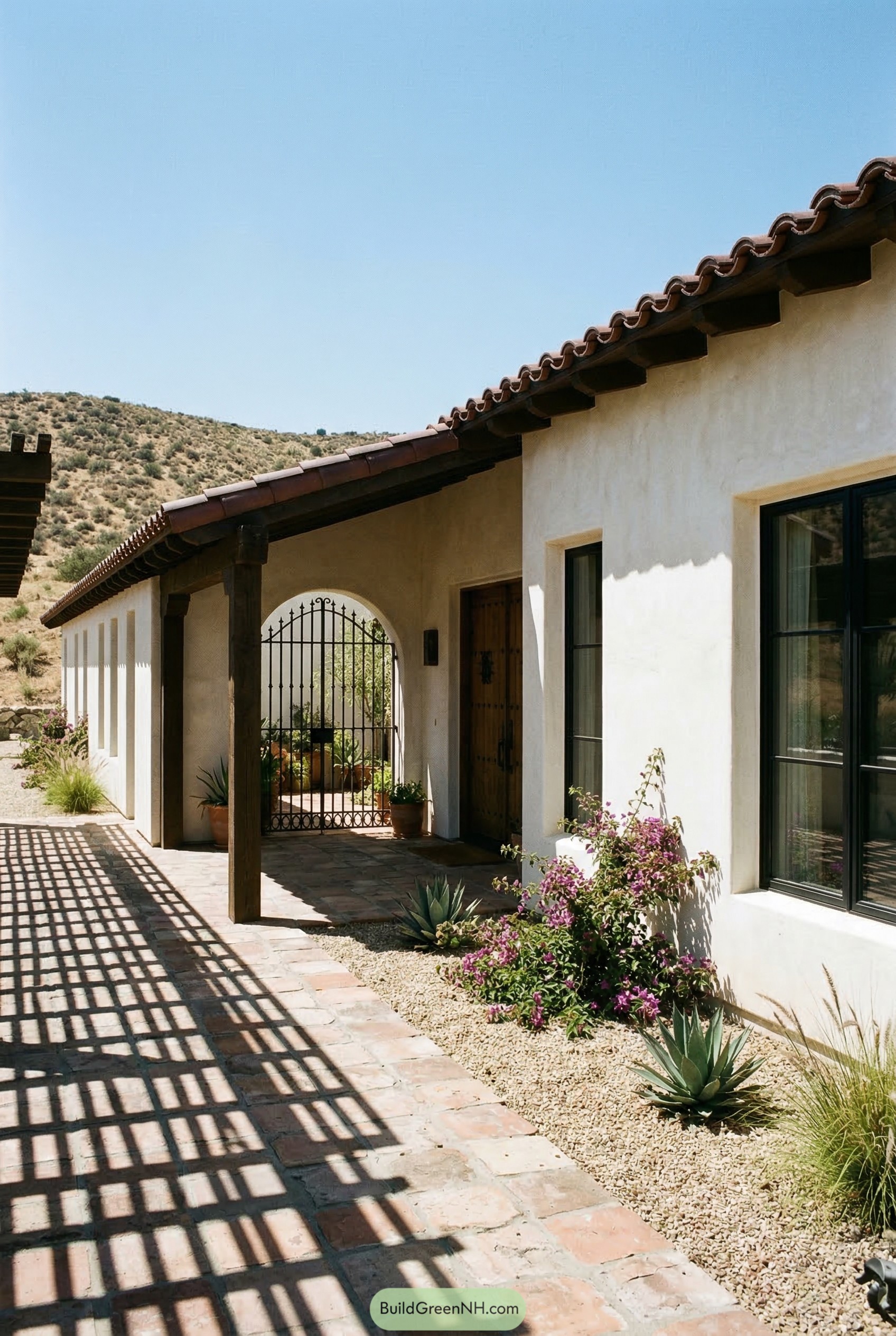 Desert stucco home with tiled arcade