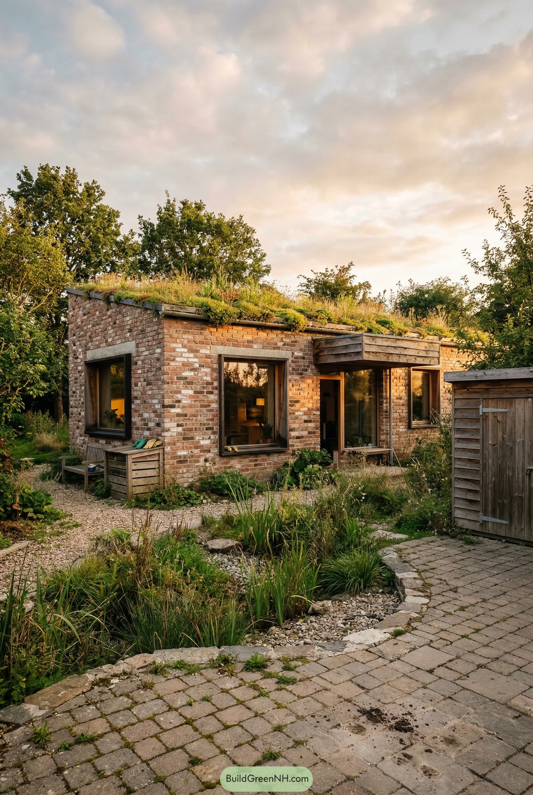 Single story brick home with a green roof