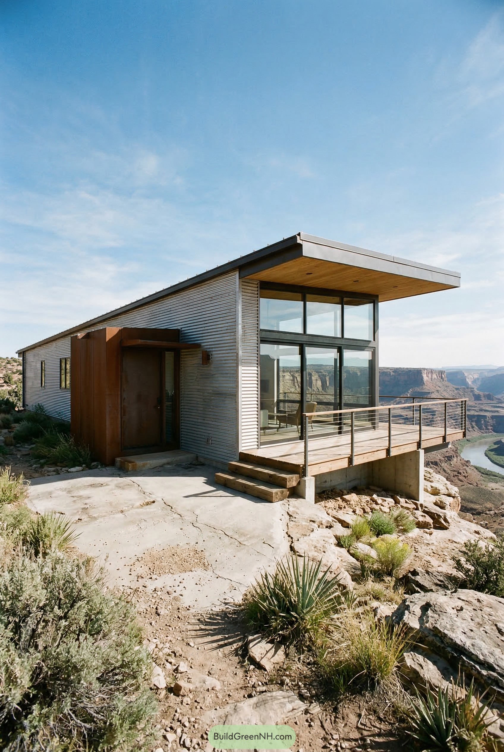 Modern cliffside house with deck and canyon view