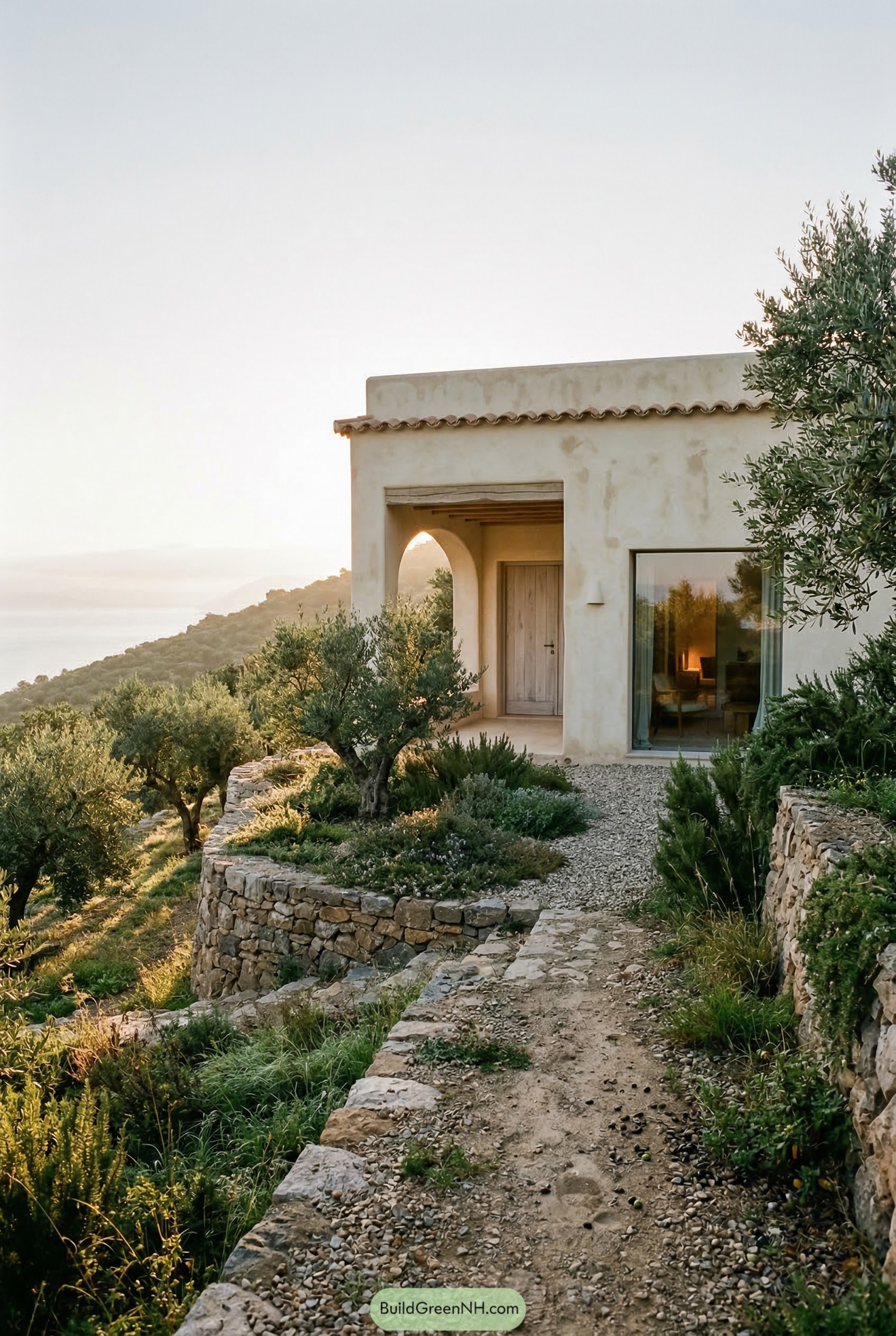 Single story stucco villa with arched porch on a terraced hillside