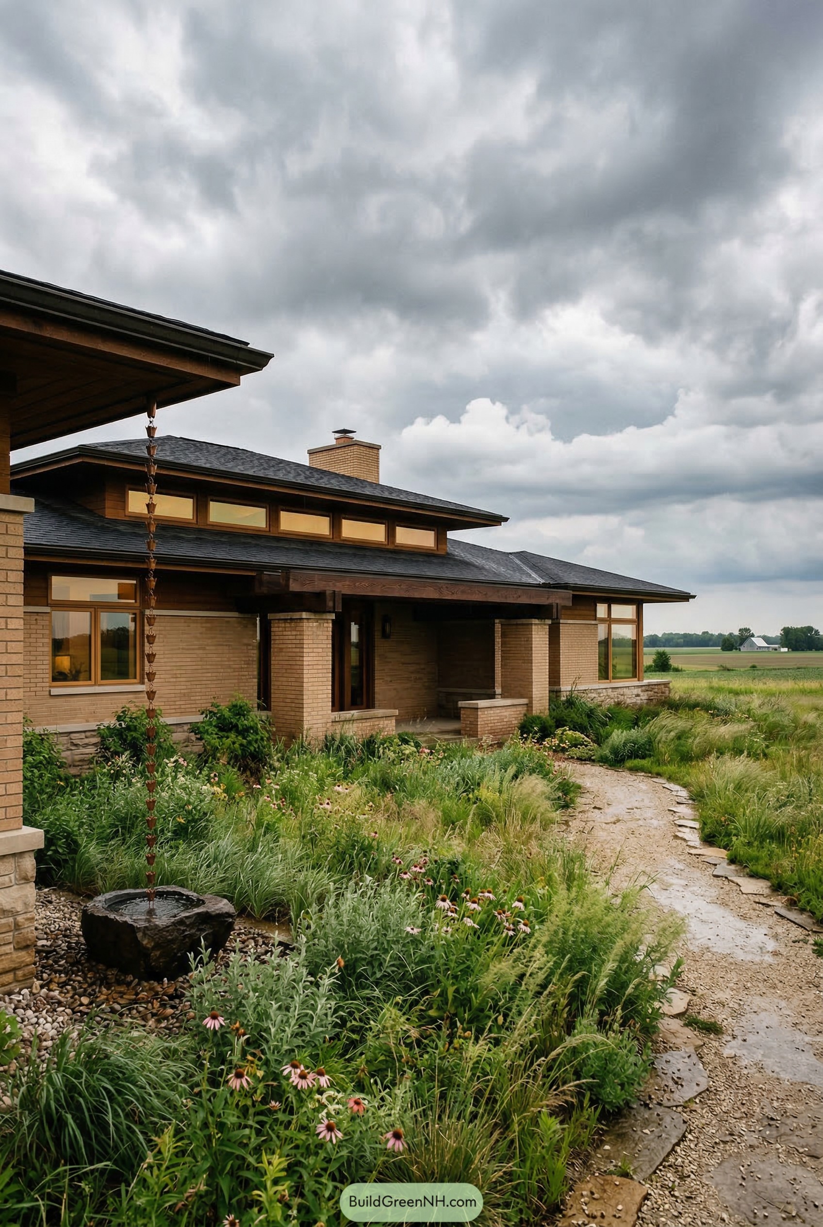Brick prairie house with rain chain and wild garden