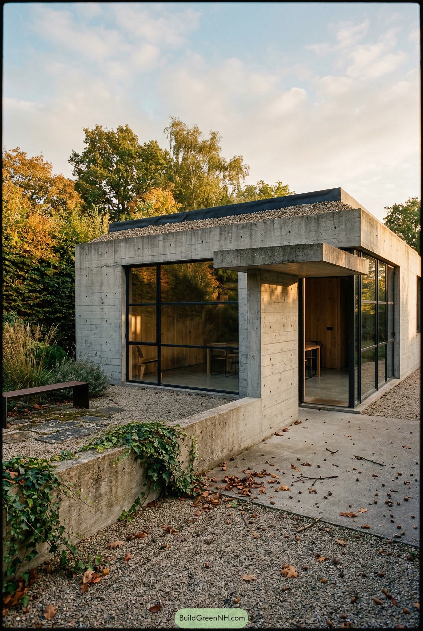 Modern concrete house with gravel courtyard