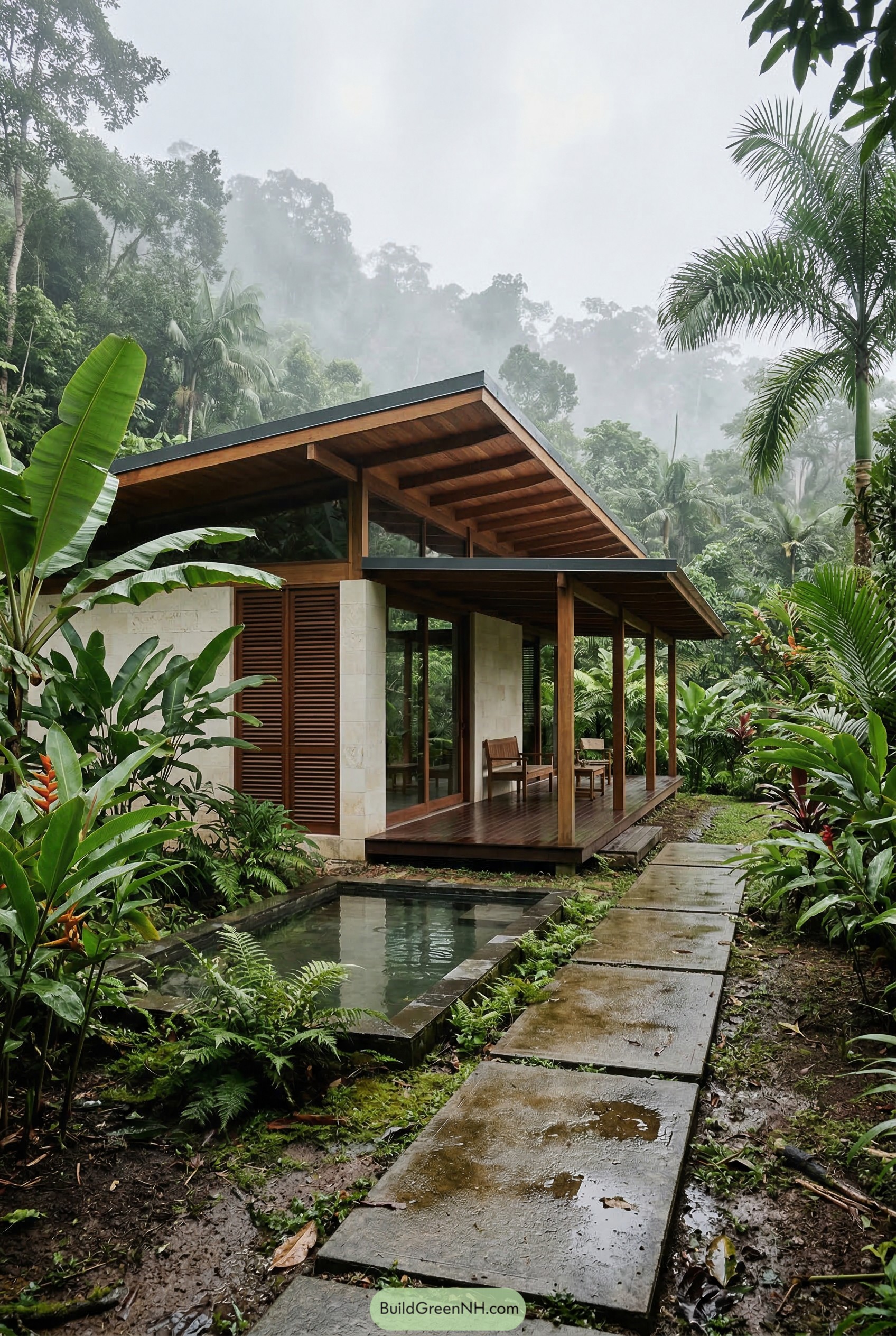 Single story tropical bungalow with deep eaves and porch