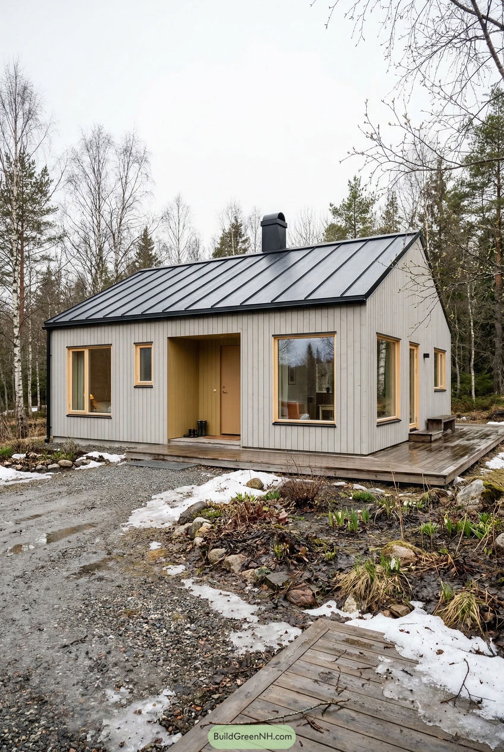 Compact timber house with black gable roof in snowy woods