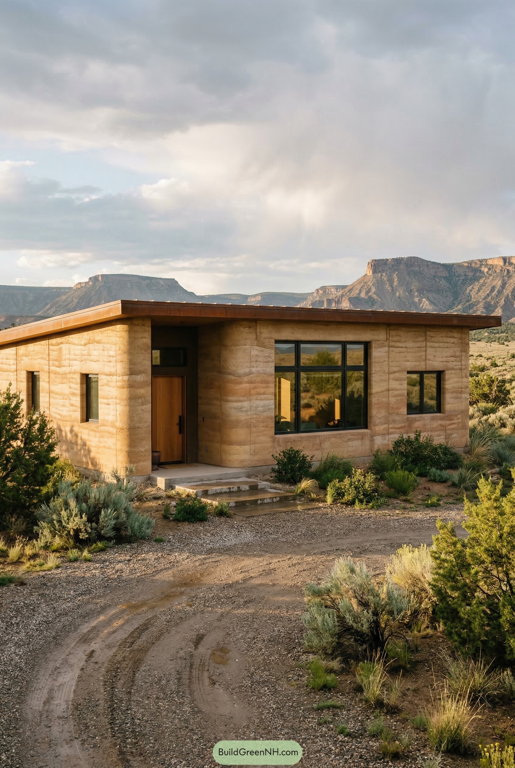 One story earthen home with flat roof in the desert