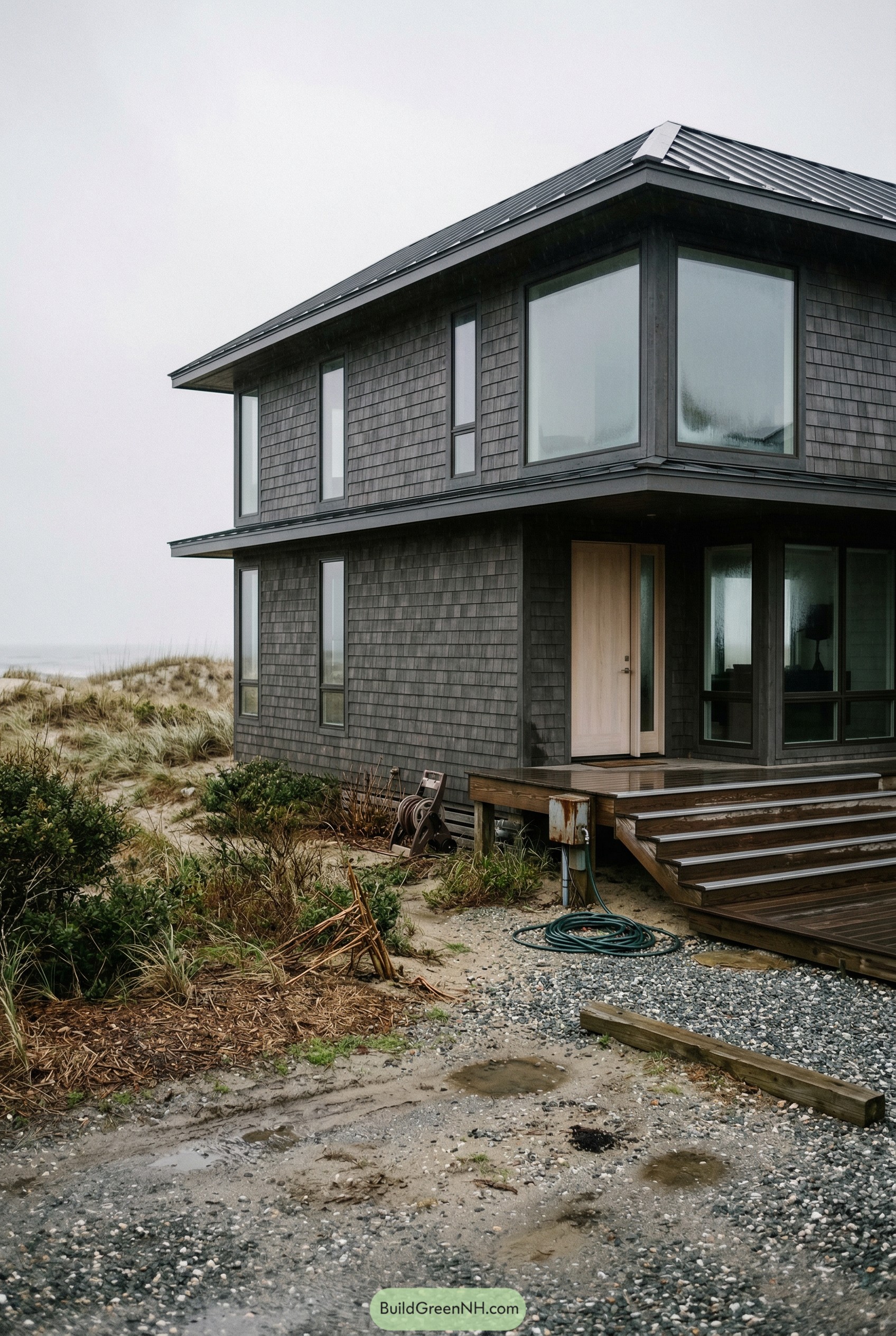 Dark two story beach house with large corner windows