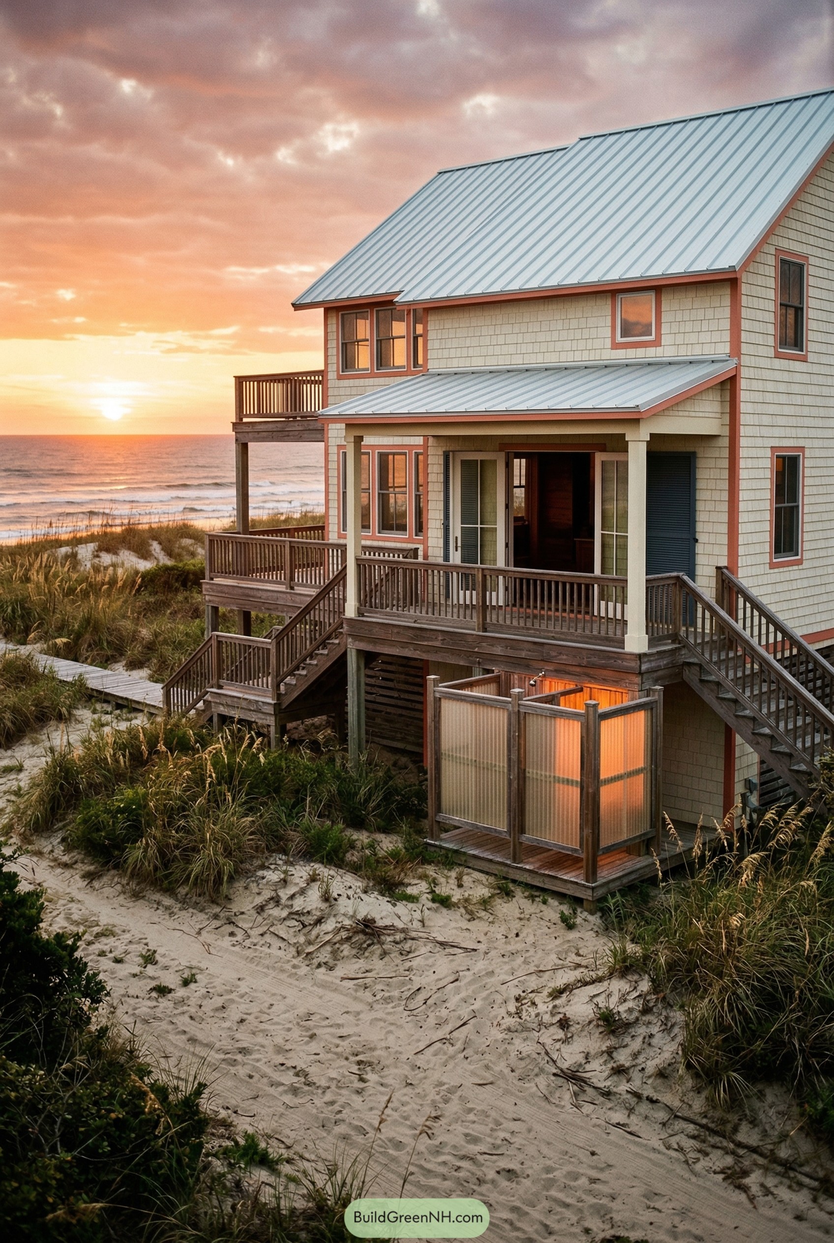Raised beach house with decks beside the ocean at sunset