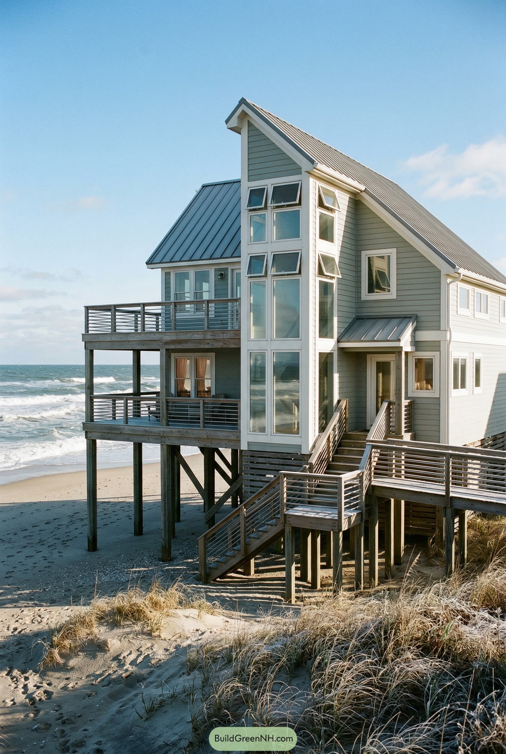 Elevated gray beach house with glass tower and ocean decks