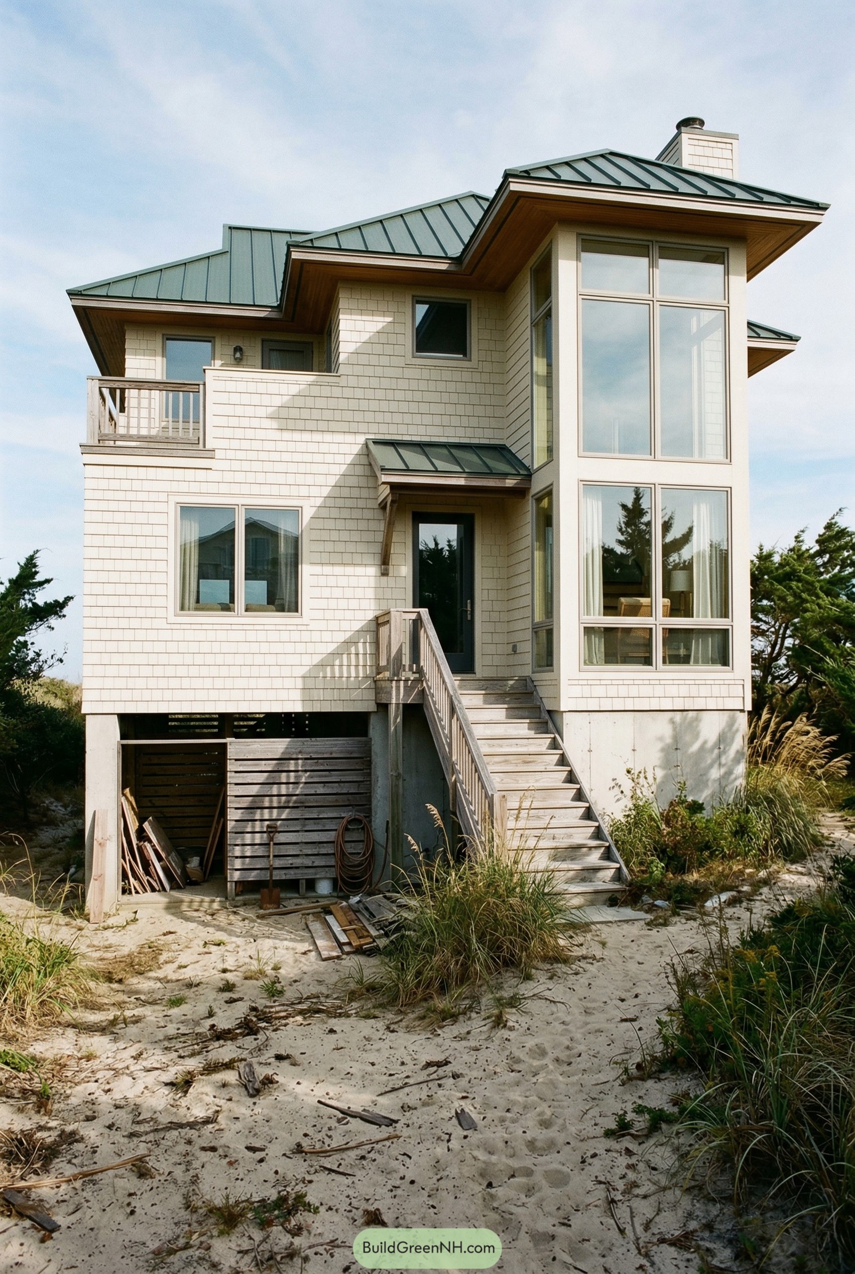 Elevated beach house with tall corner windows and a metal roof