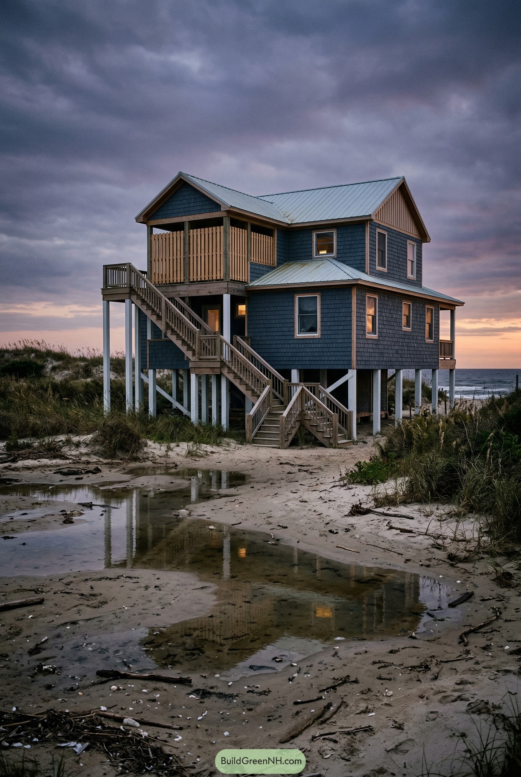 Blue shingle beach house on pilings with exterior stair