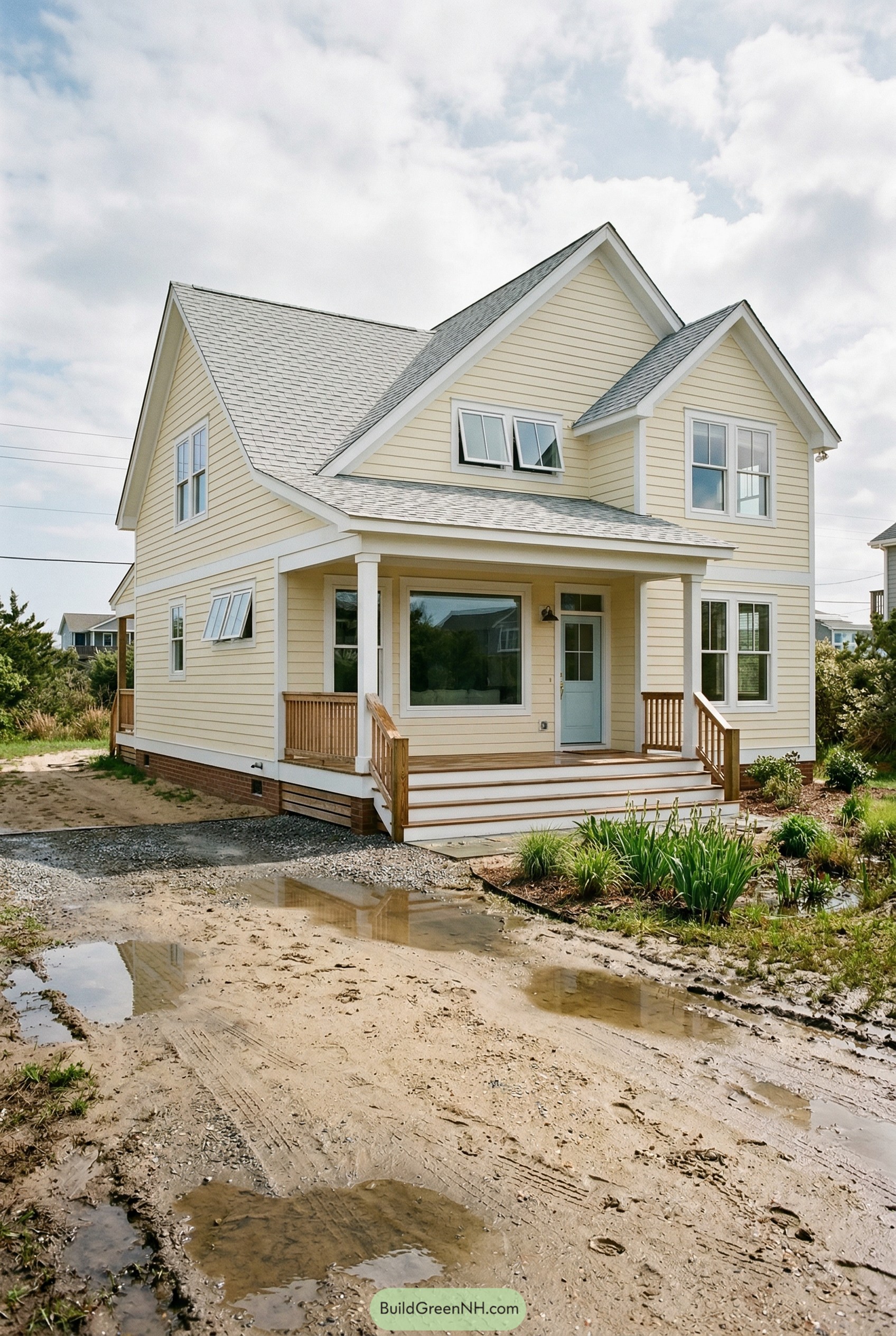 Pale yellow coastal home with covered porch