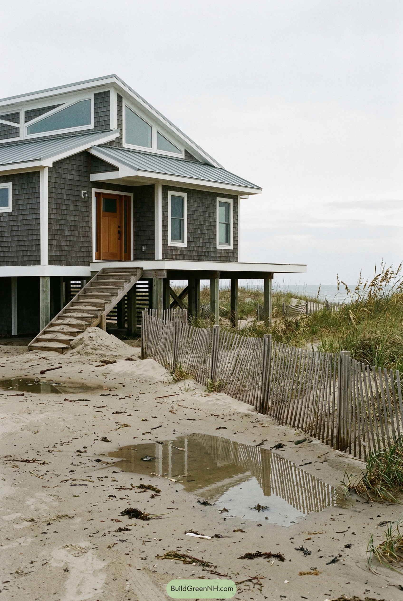 Gray shingle beach cottage on pilings by dunes