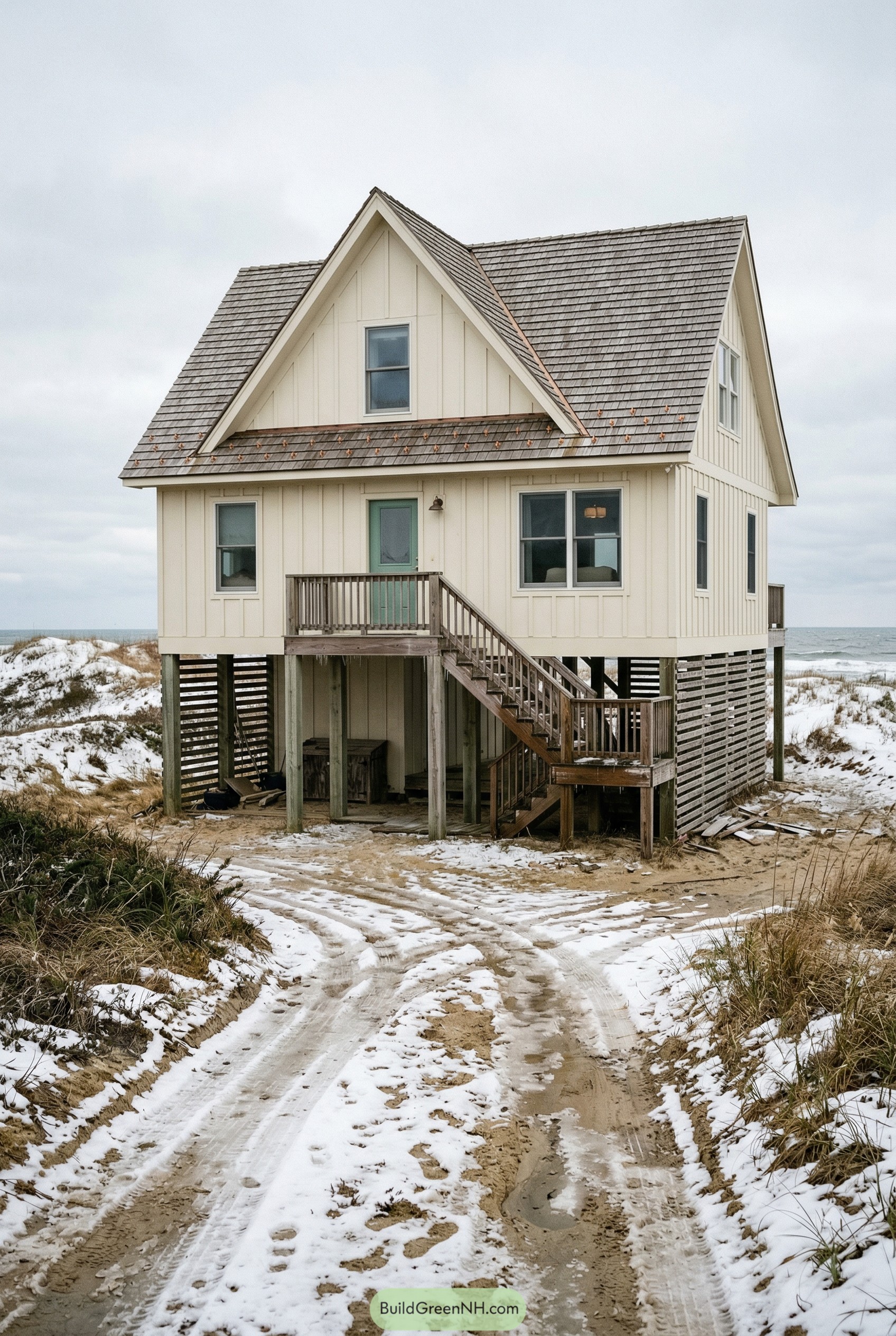 Cream beach house on stilts beside snowy dunes