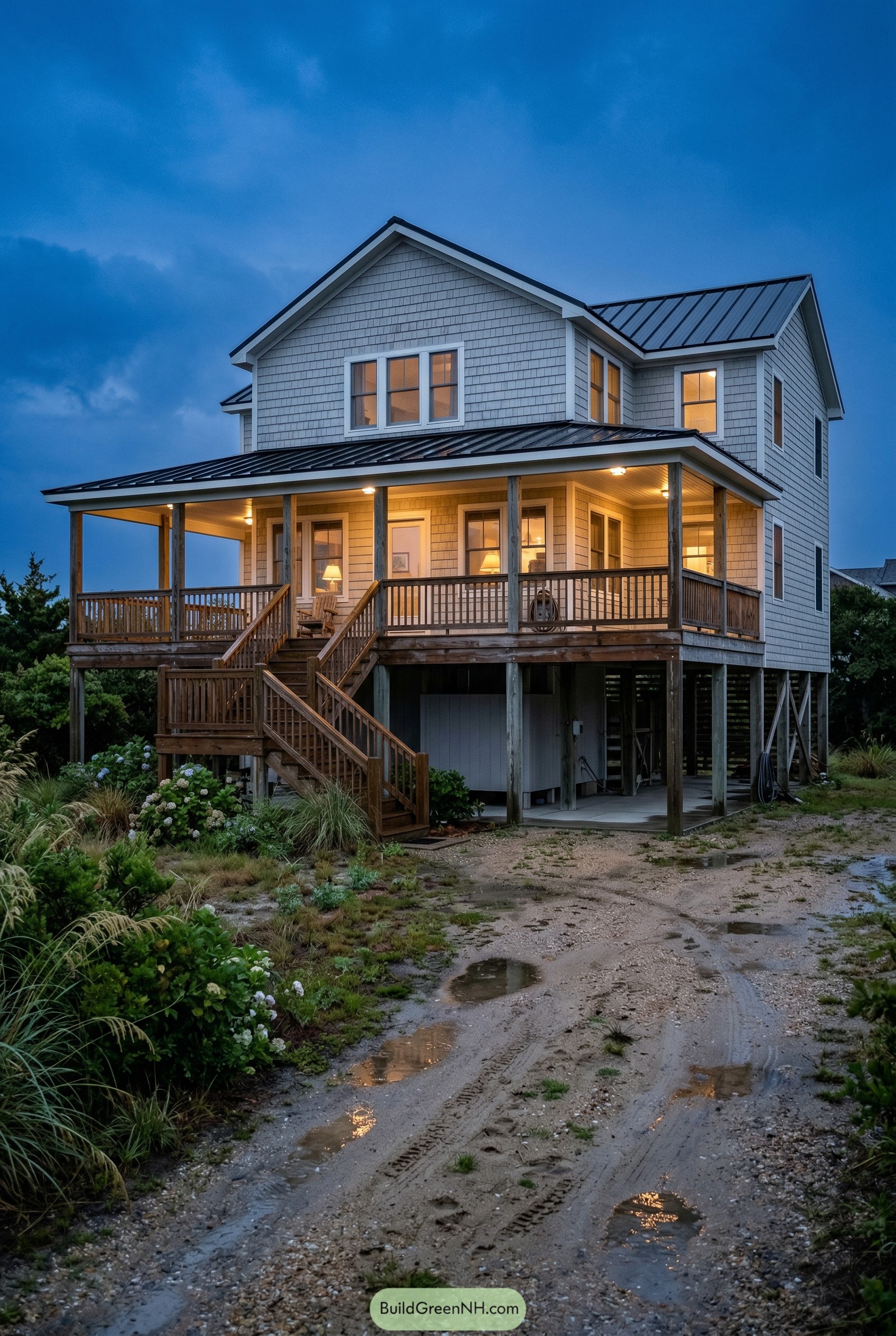 Elevated shingle beach house with wraparound porch