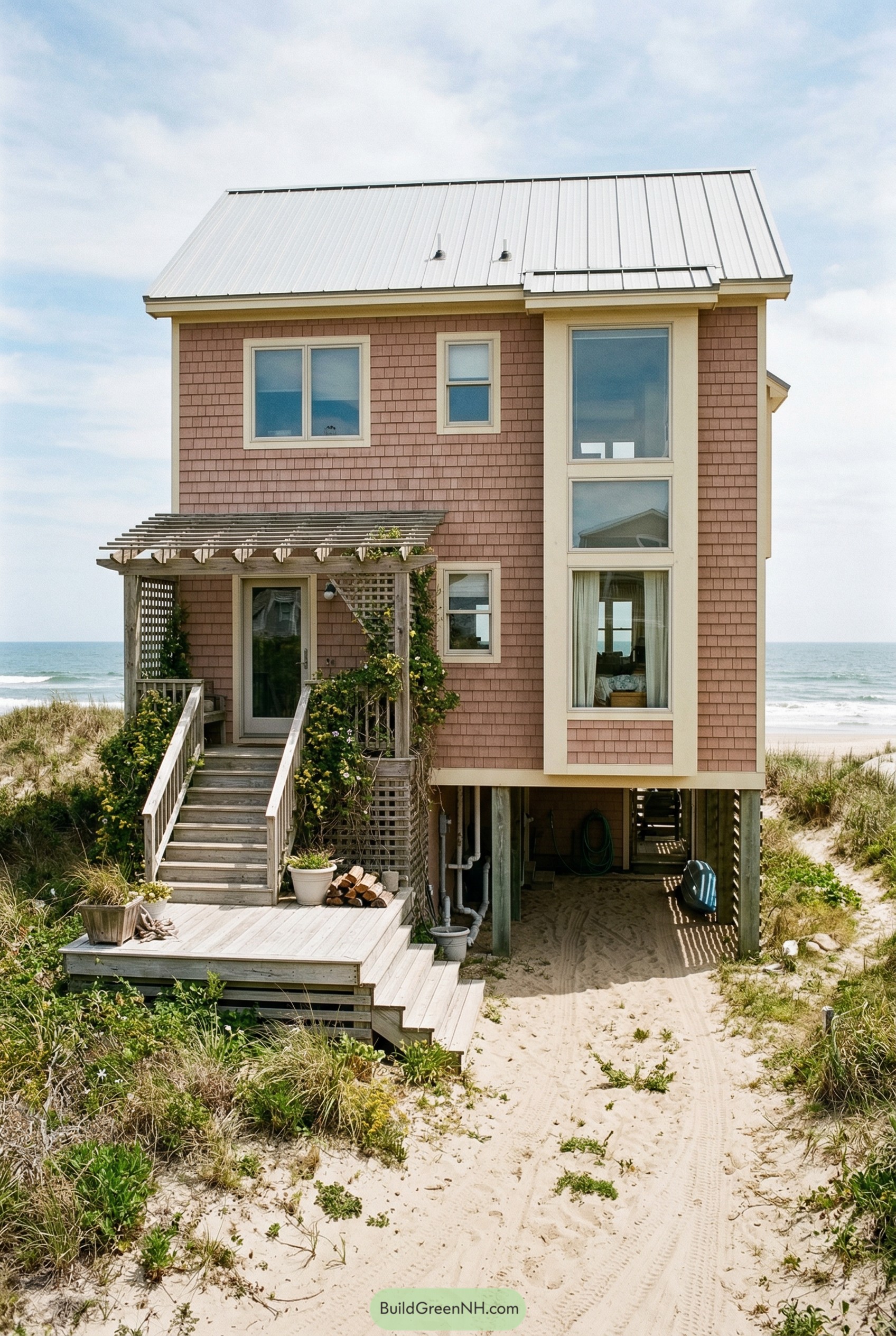 Pink shingle beach house on stilts with pergola