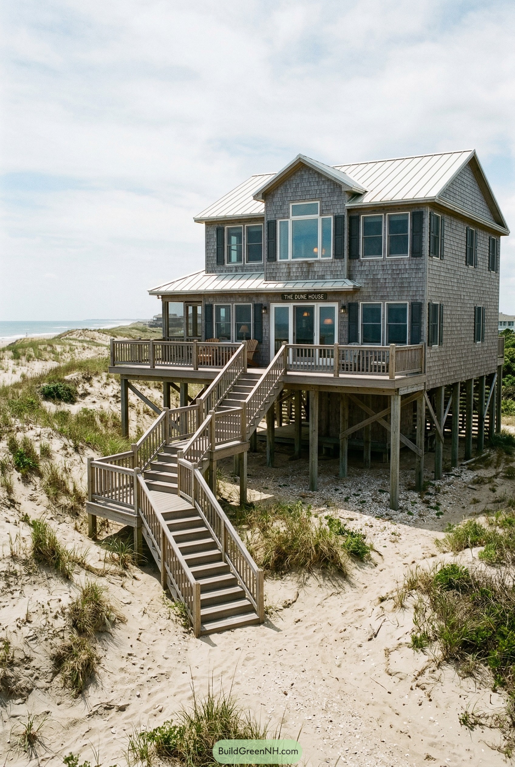 Elevated cedar beach house with dune stairs