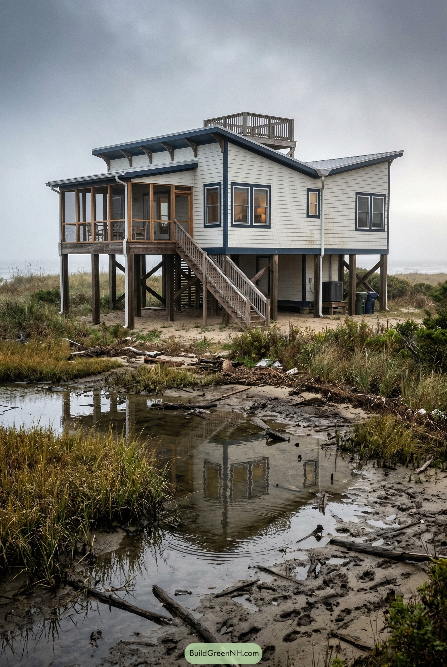 Raised marsh house with screened porch and roof deck