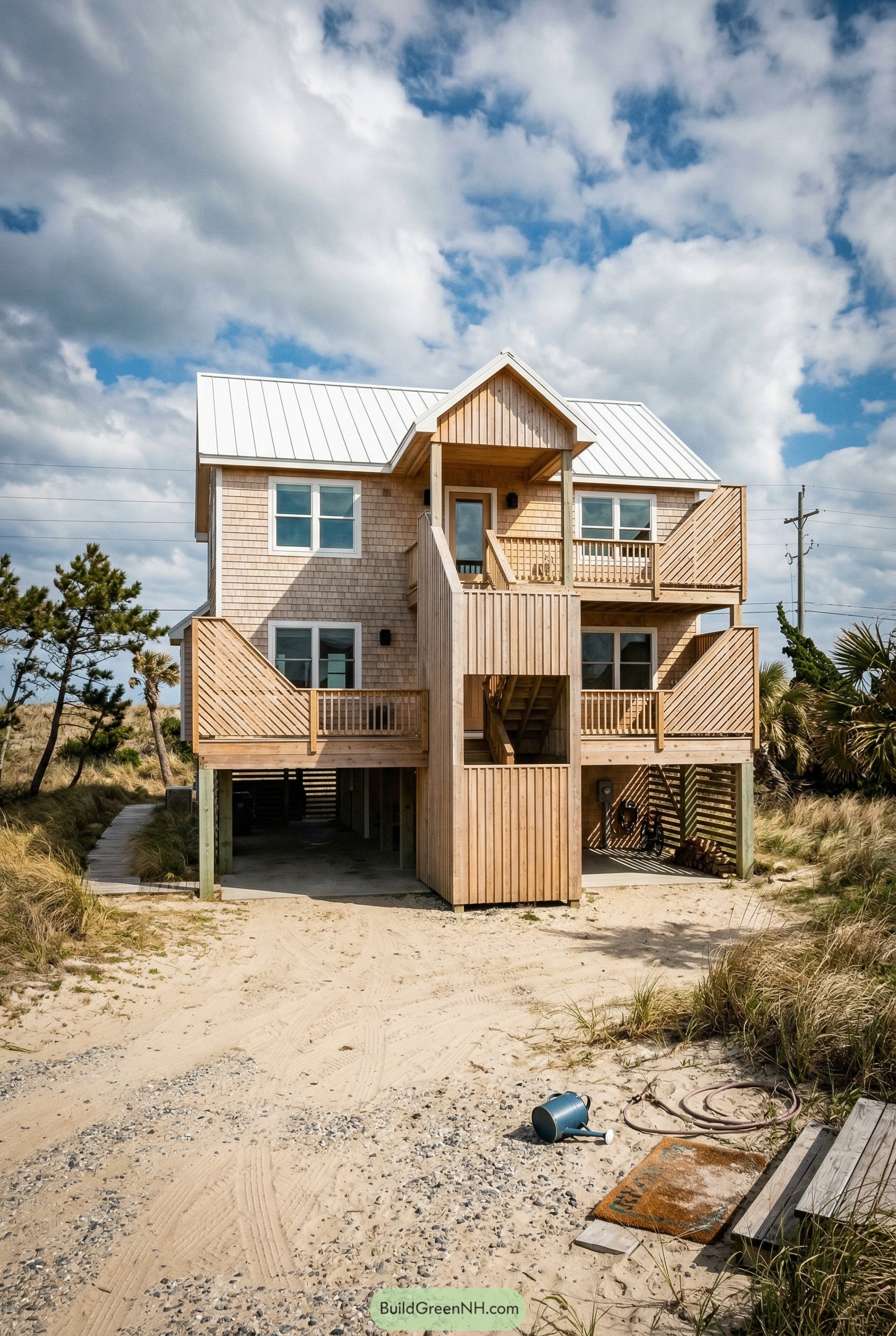 Elevated shingle beach house with stacked decks