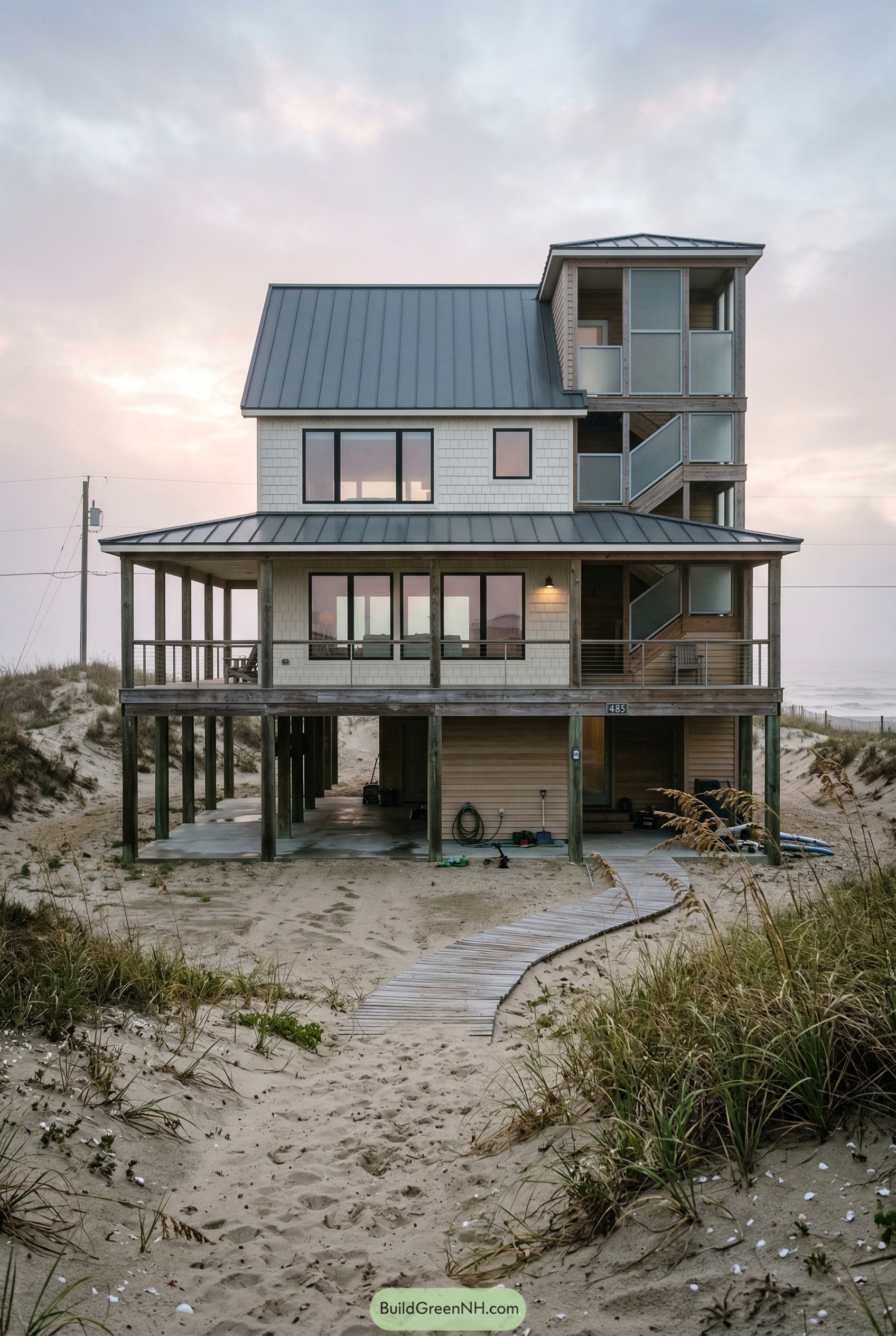 Beach house on stilts with porch and tower