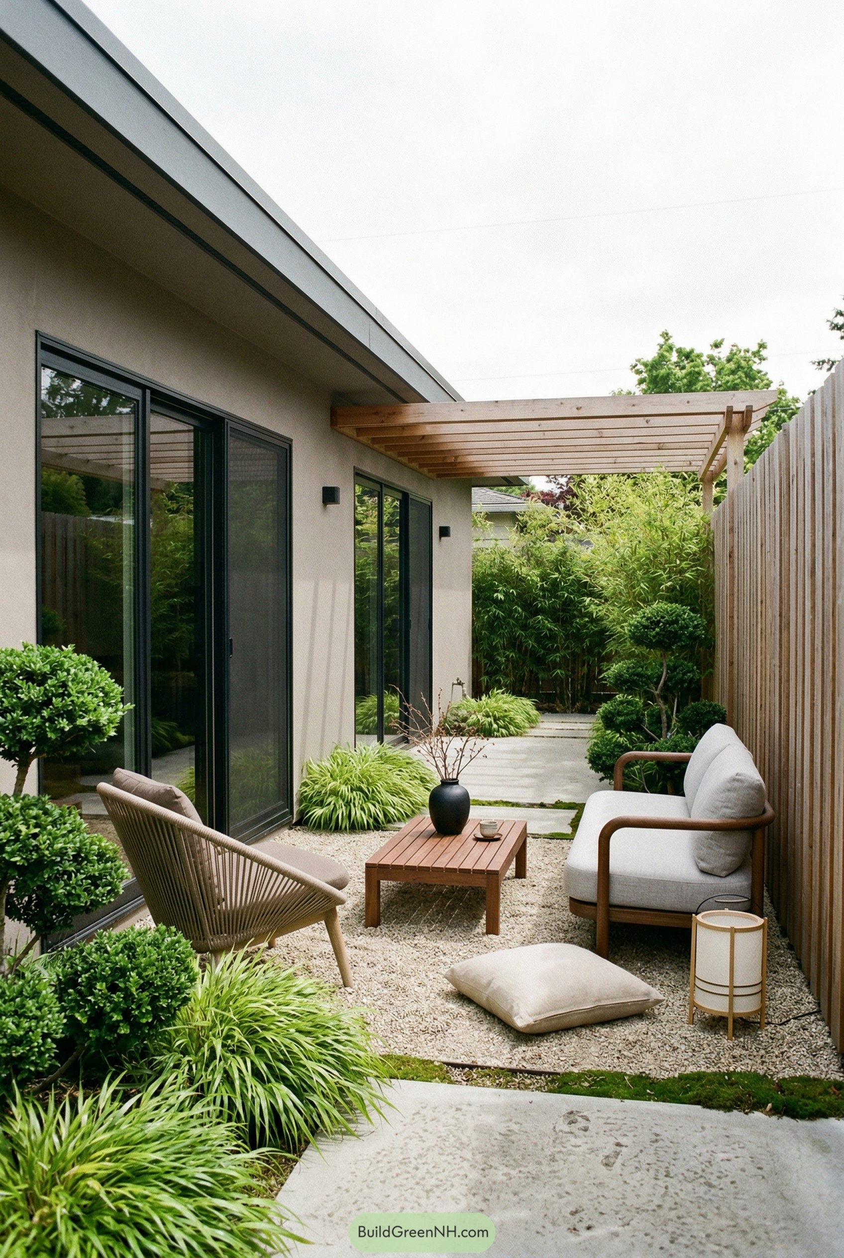Modern narrow courtyard lounge with gravel seating