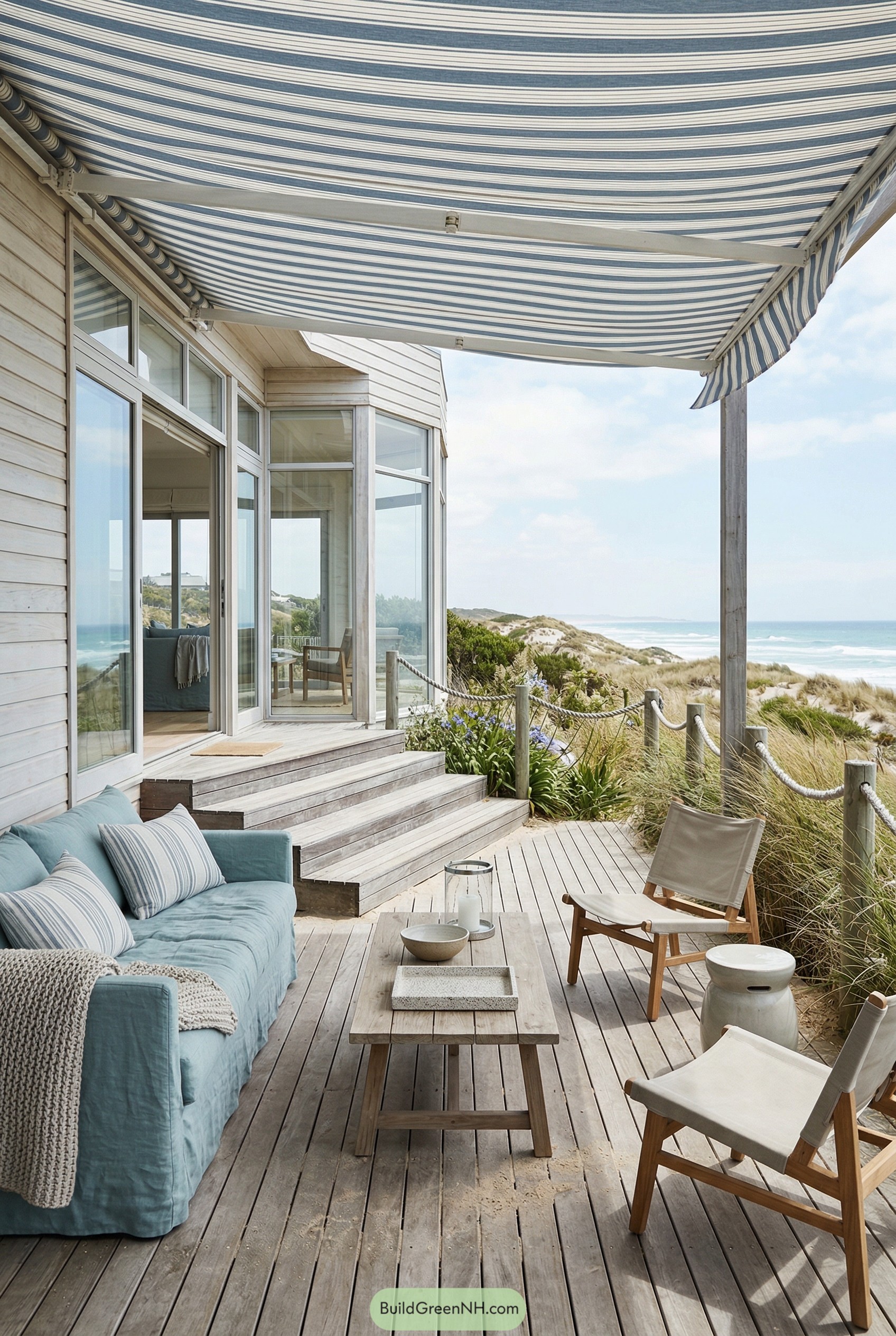 Coastal deck lounge with striped awning