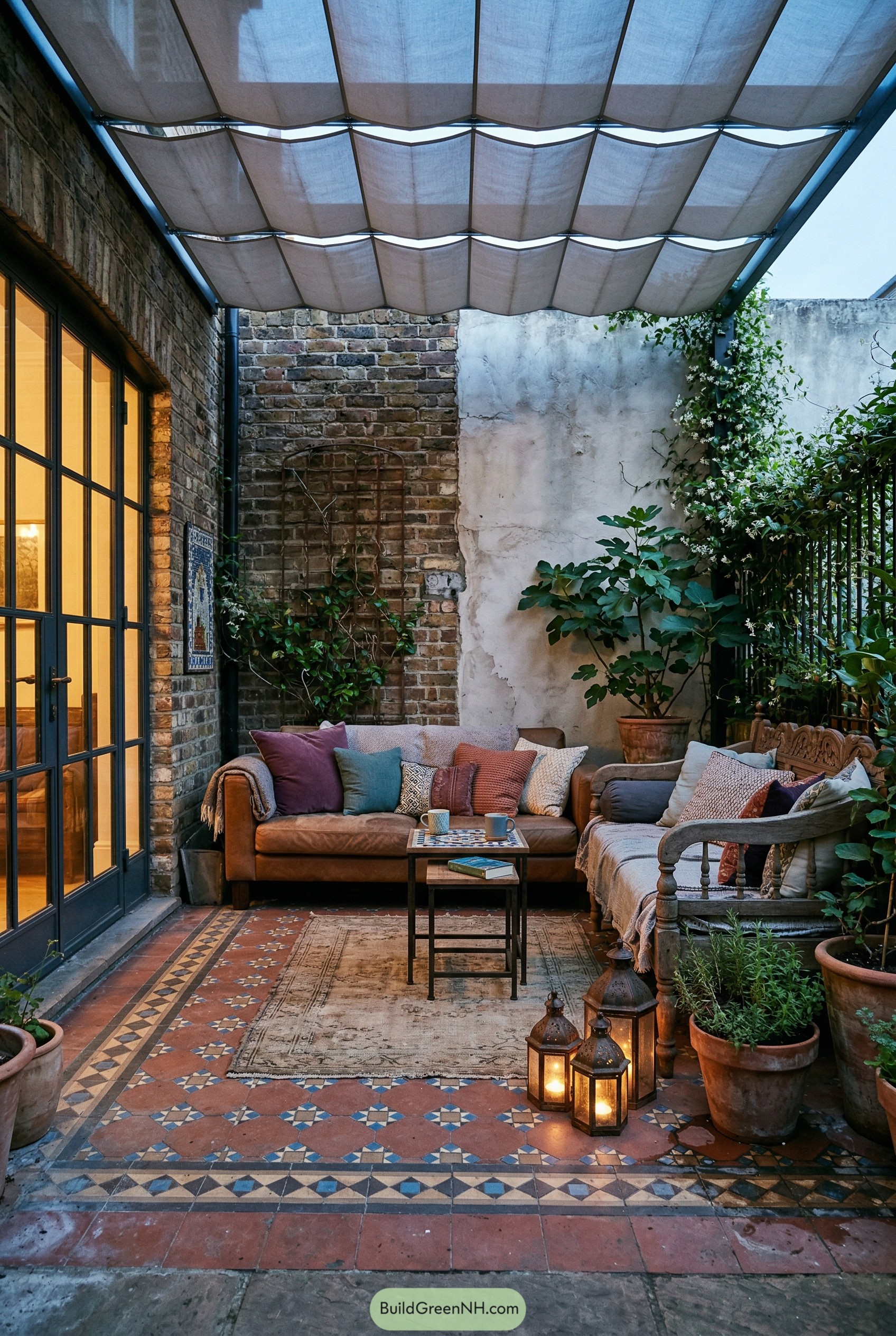 Cozy brick courtyard with canopy seating and patterned tile floor
