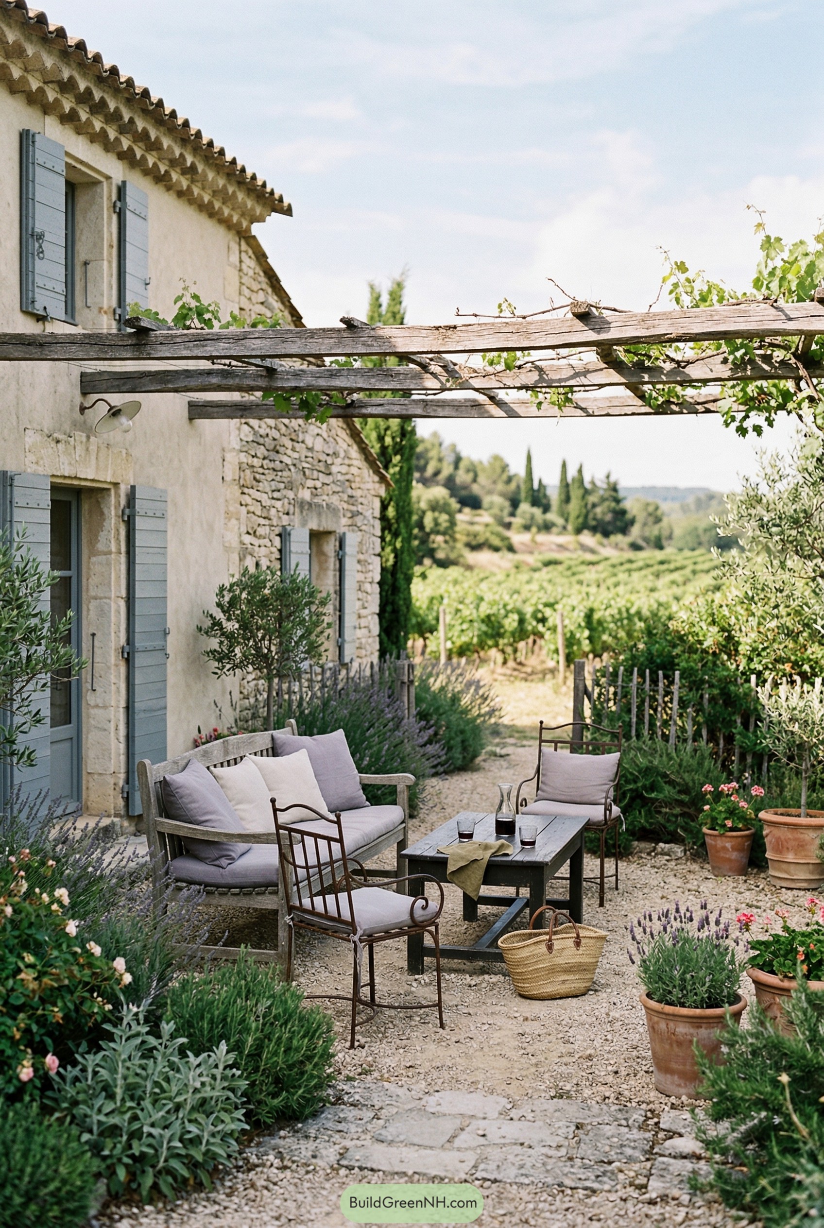 Rustic gravel patio beside a stone house with vine trellis