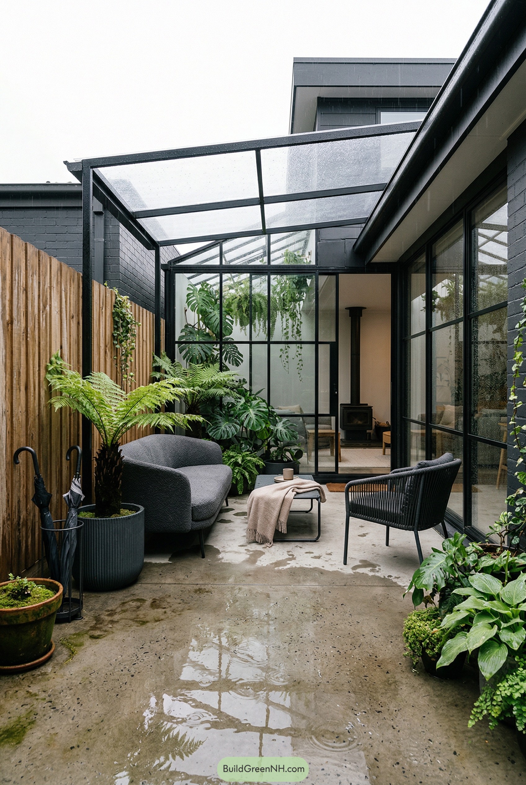 Covered modern courtyard with black steel framing and lush plants