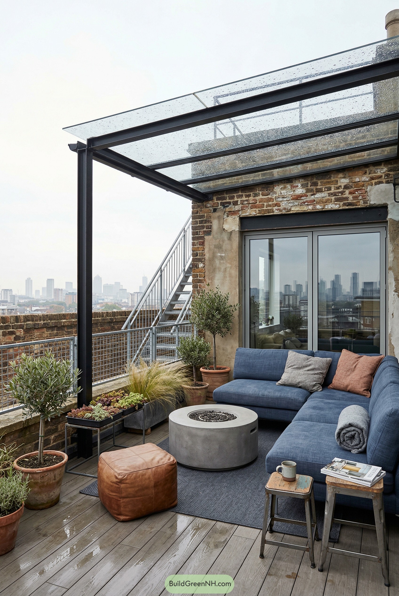 Rooftop lounge with glass canopy and sectional