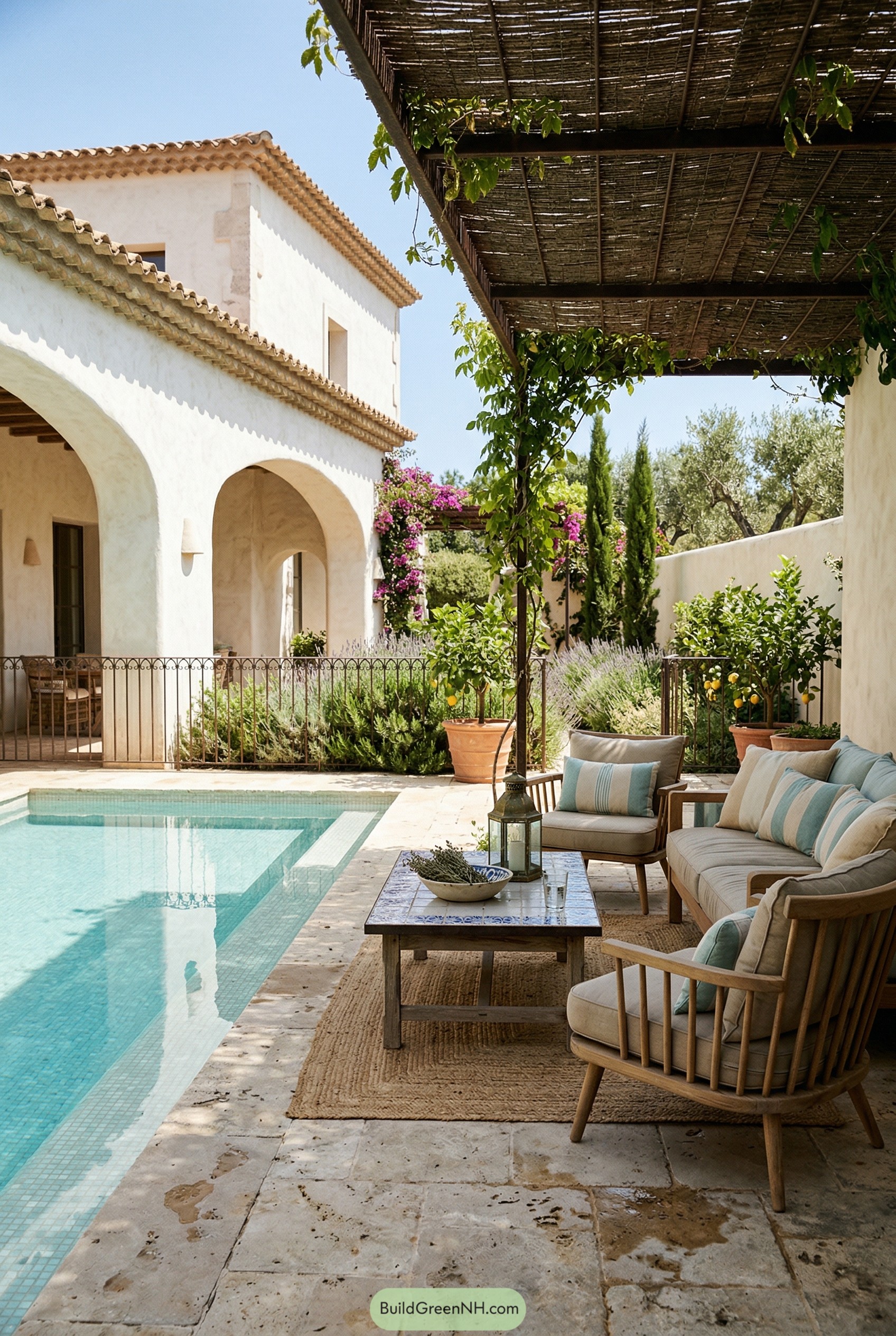 Shaded poolside lounge beneath a vine pergola