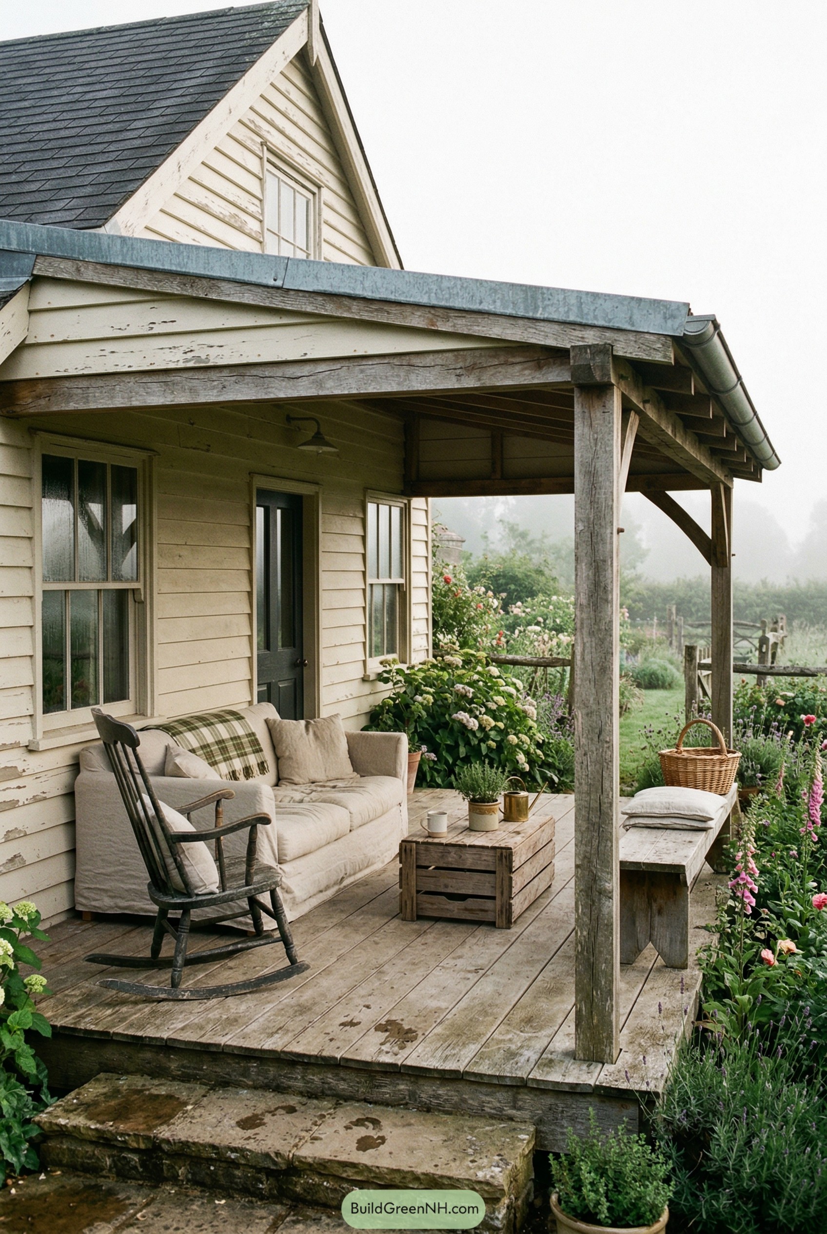 Covered farmhouse porch with sofa rocker and crate table