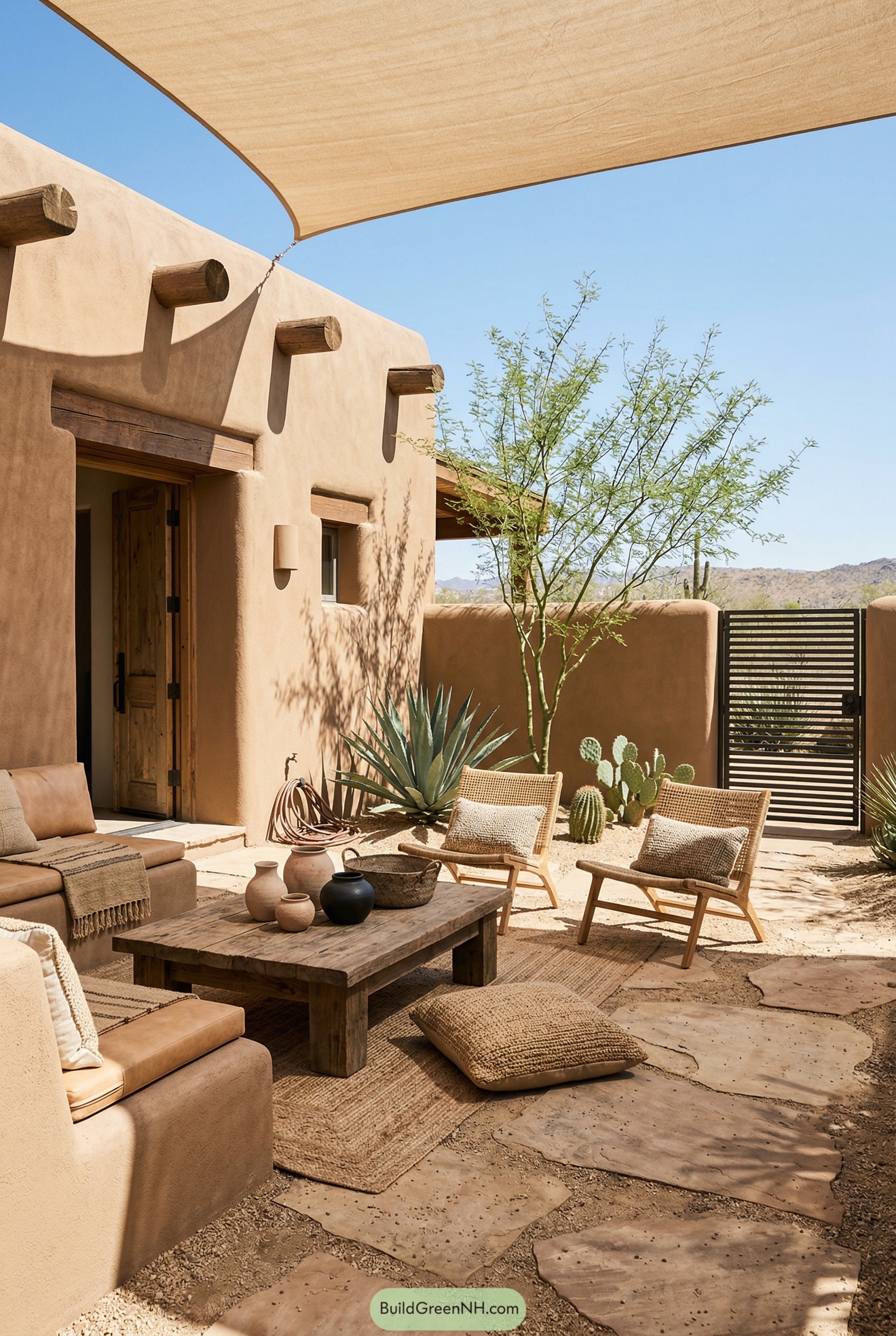 Adobe courtyard with shade sail seating